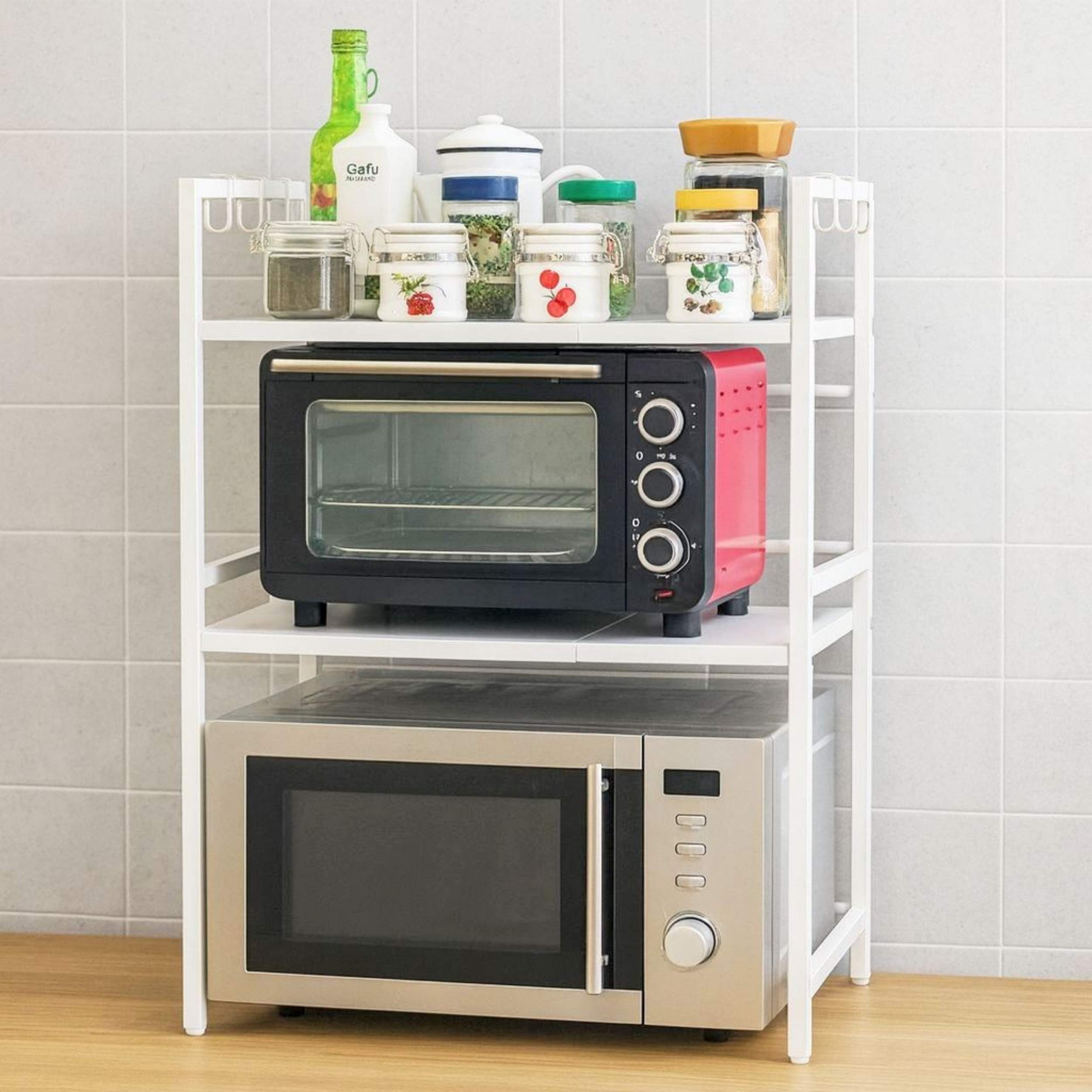 DanDiBo Küchenregal Verstellbares Mikrowellenregal Weiß 2 - 3 Stufig 40-64 cm Regal, Stehend Mikrowellenständer Küchenregal Weiß für die Küche