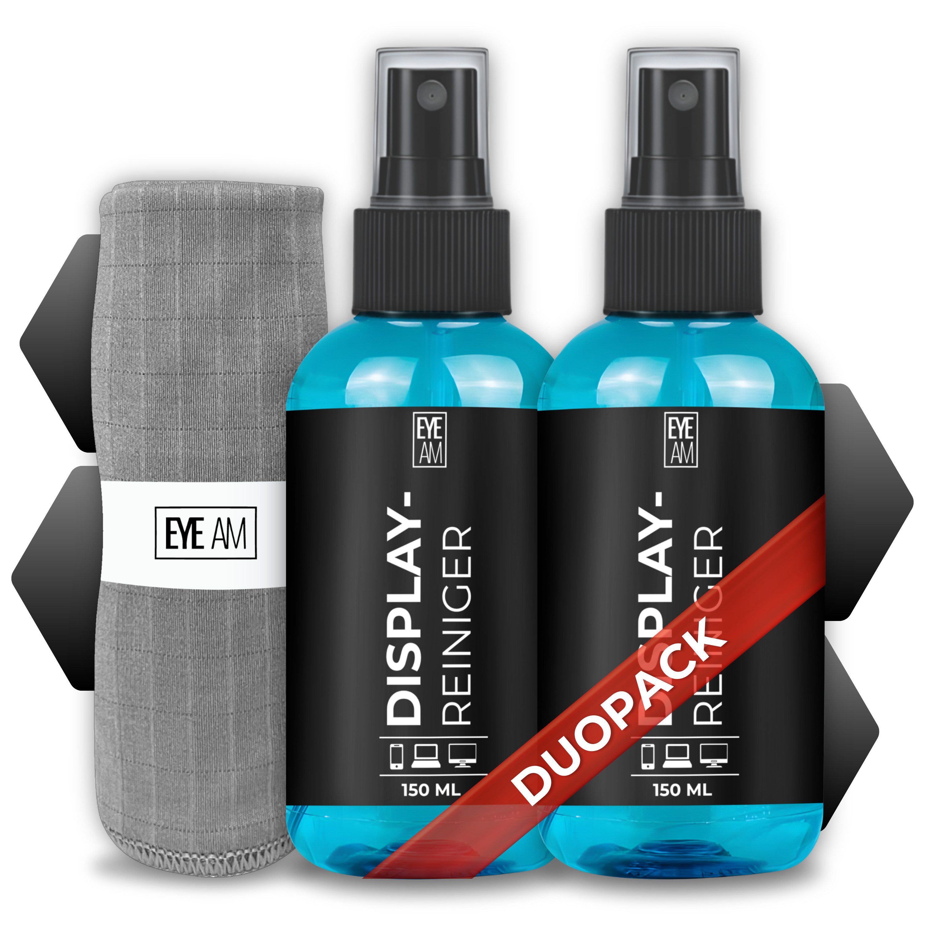 EyeAm Displayreiniger Set 2x150ml mit großem Mikrofasertuch 40x40 cm, Glasreiniger (1 Flasche für Zuhause, 1 für Büro oder Auto, Streifenfreies Reinigungsspray)