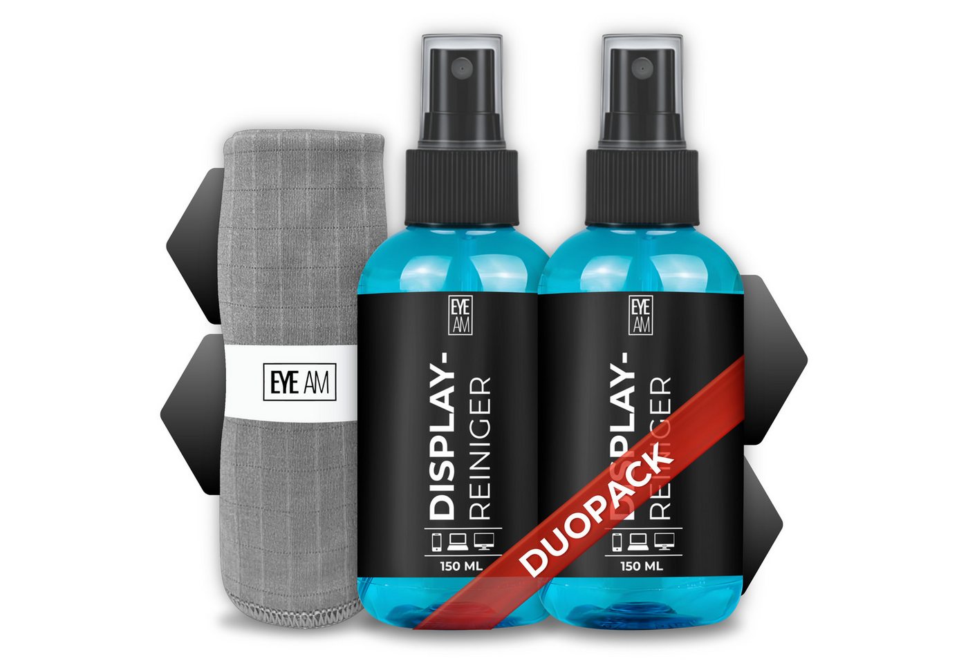EyeAm Displayreiniger Set 2x150ml mit großem Mikrofasertuch 40x40 cm, Glasreiniger (1 Flasche für Zuhause, 1 für Büro oder Auto, Streifenfreies Reinigungsspray)