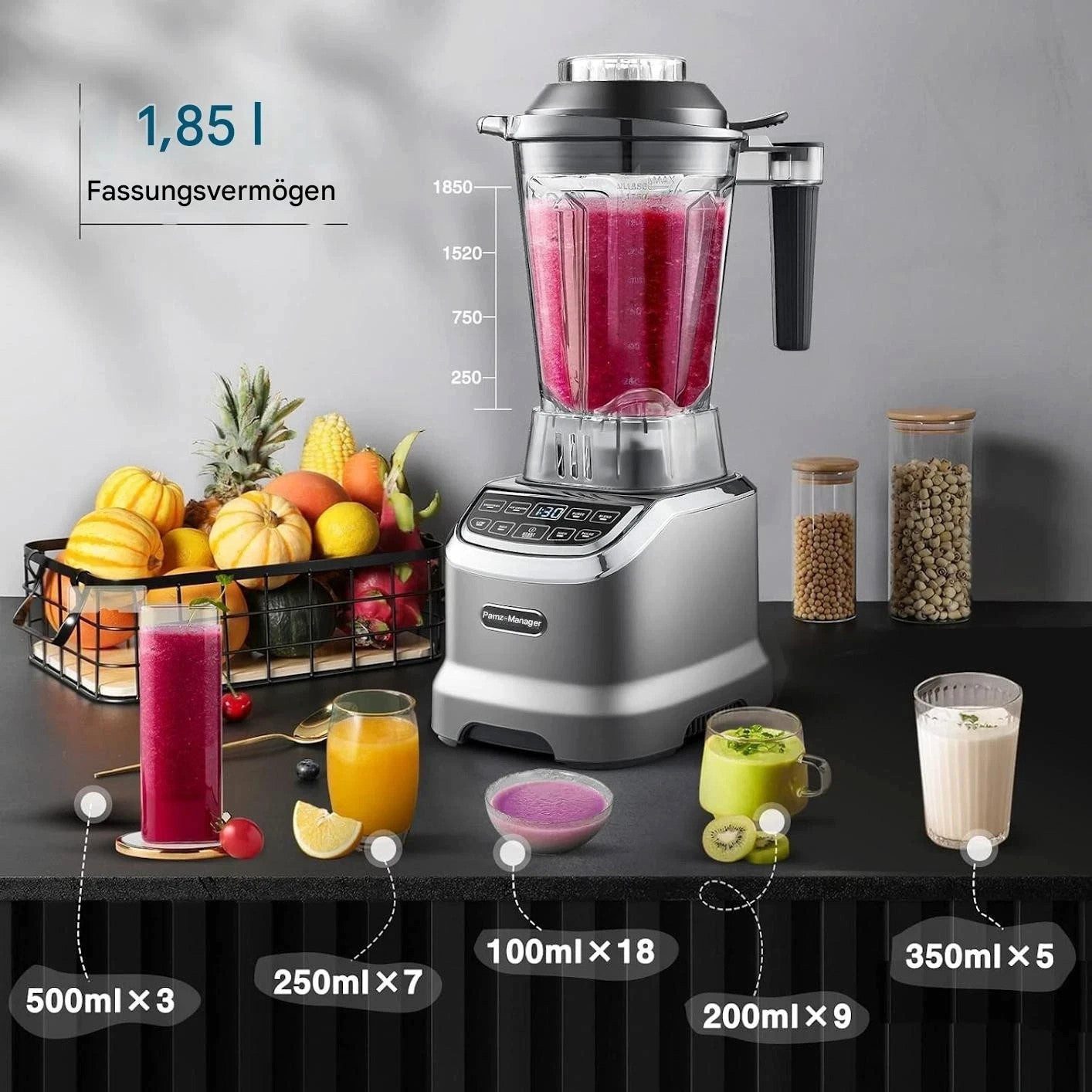 AMZCHEF Standmixer ZM5003, 2000 W, LED-Display mit Zeitanzeige, Pulsfunktion, 4 Automatikprogramme