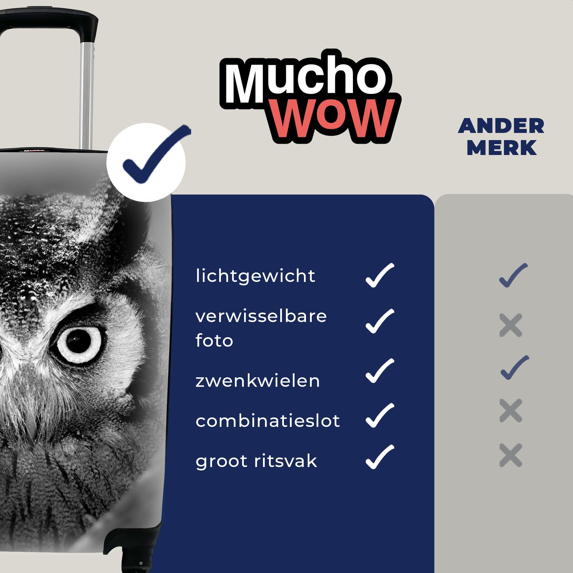 Weiß, - Eule Schwarz 4 Vogel mit Reisetasche Rollen, - MuchoWow Reisekoffer Ferien, Handgepäckkoffer Porträt für - - Trolley, Handgepäck rollen,