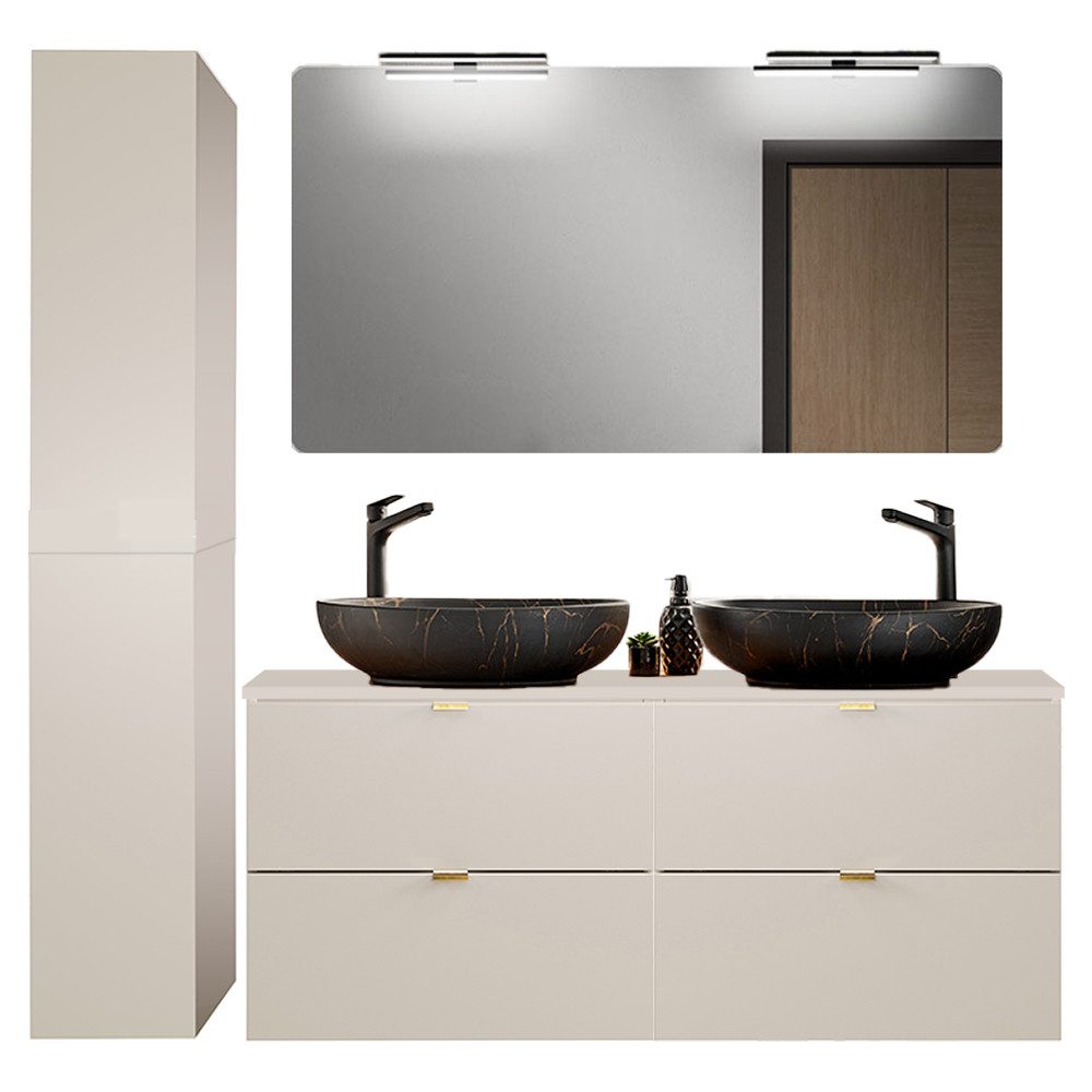 Lomadox Badmöbel-Set DURANGO-56, (Spar-Set, 3-St., Spiegel Doppelwaschtisch Hochschrank), 120cm Waschtisch, kaschmir, verschiedene Grifffarben, LED-Spiegel