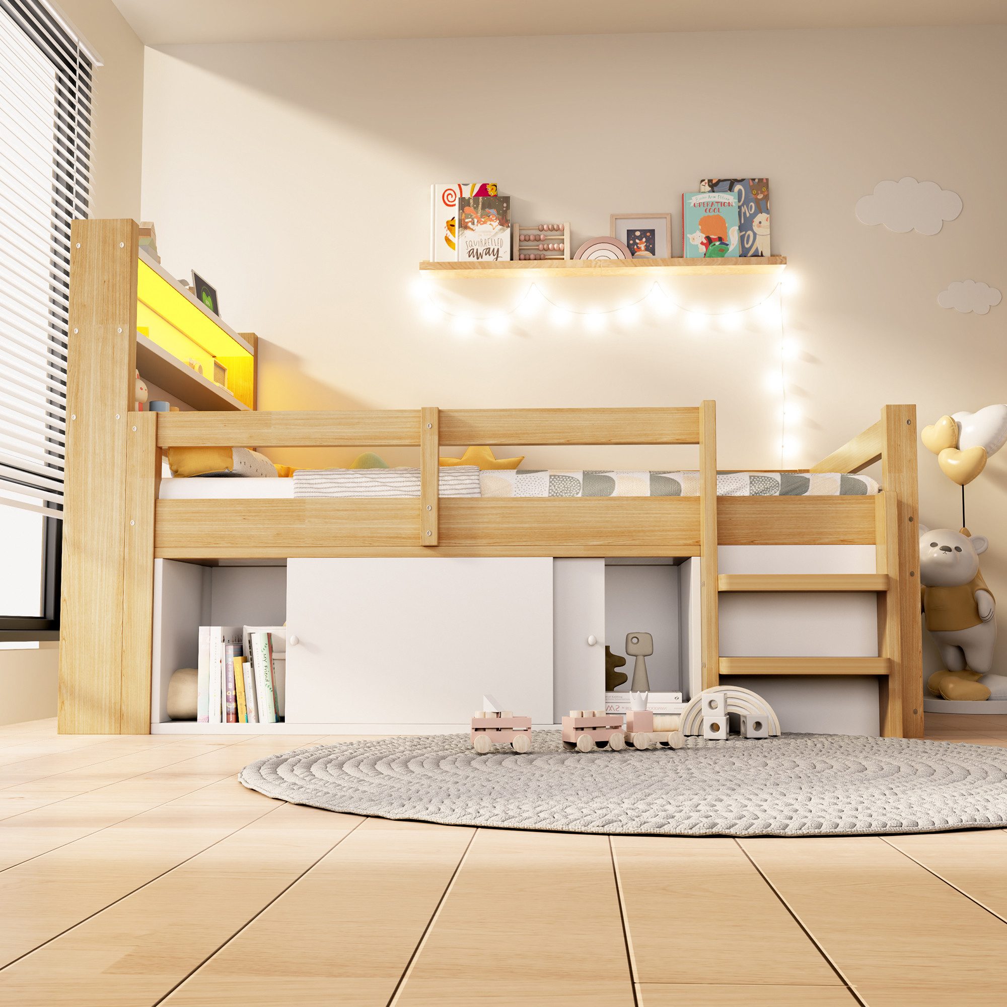 Flieks Kinderbett, Halbhochbett 90x200cm, Schrank mit Schiebetüren, LED-Leiste & Aufladen