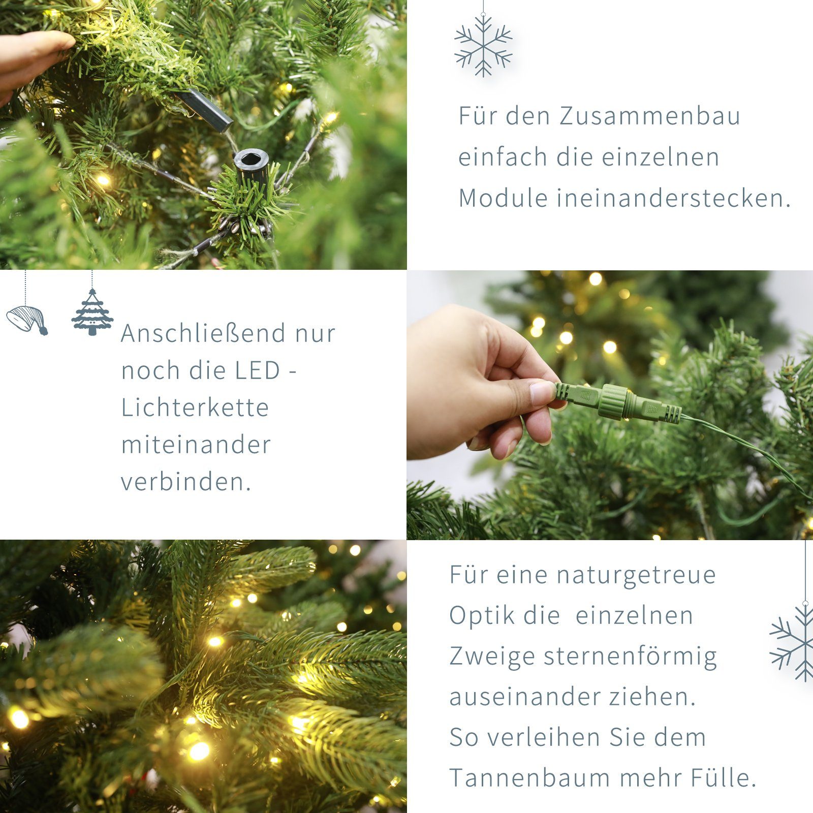 TAB Künstlicher Weihnachtsbaum Beleuchtung Tannenbaum 180cm/210cm, mit Christbaum, Warm-Weißen LED Lichtern cm 300 und LED mit PVC 1080 mit Spitzen, 180 Metallständer