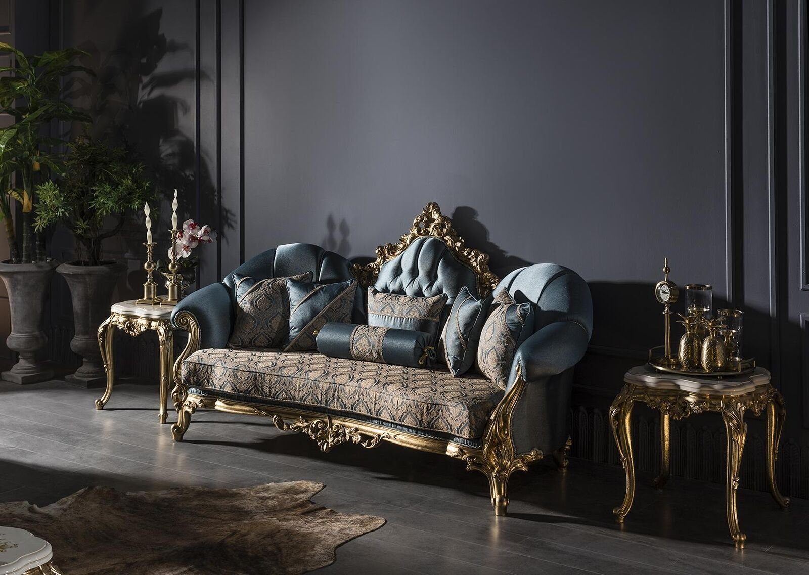 JVmoebel Wohnzimmer-Set Blau Sofa Beistelltisch Set 3 Sitzer Wohnzimmer Design 2x Elegantes