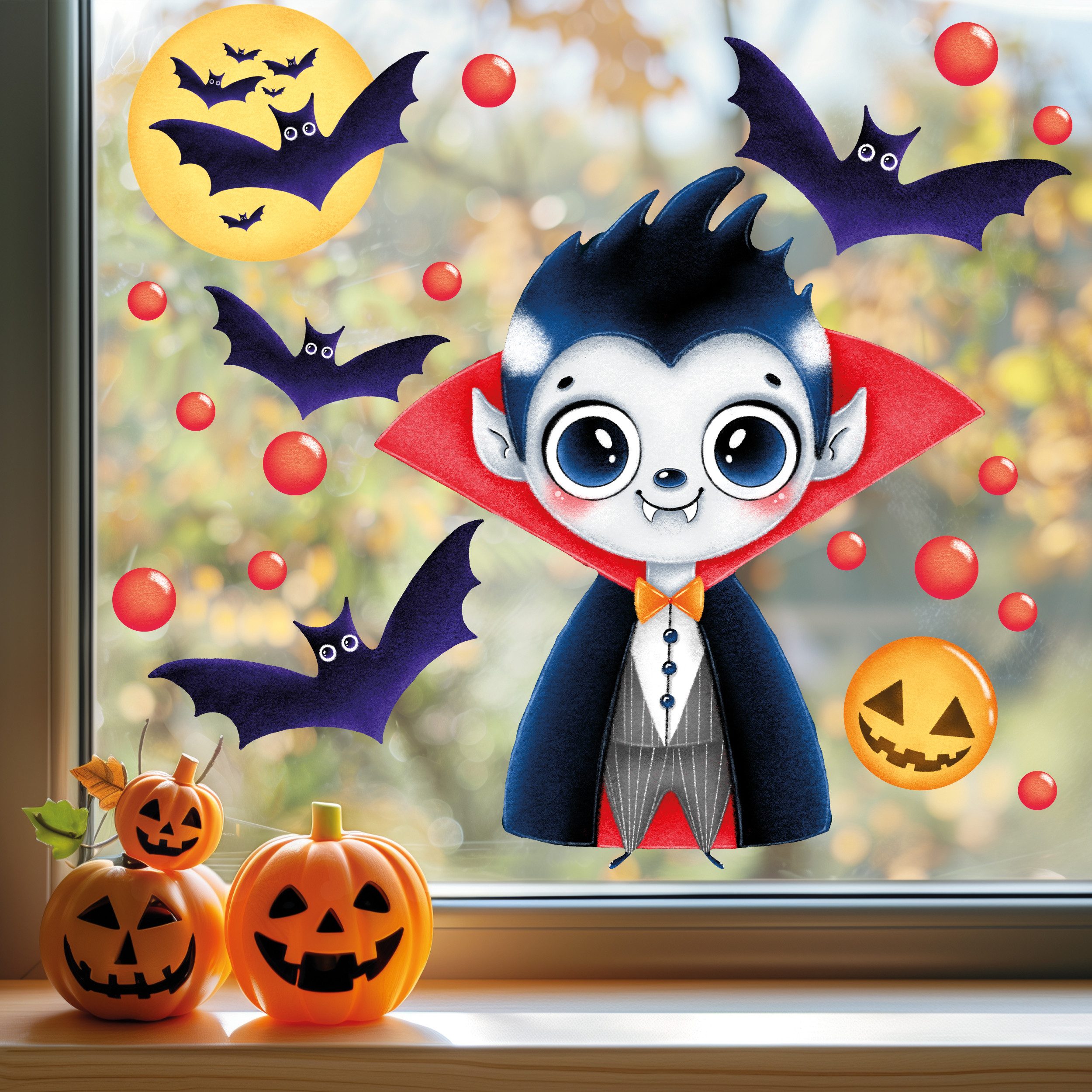 Sunnywall Fensterbild Fensterbild wiederverwendbare Fensterbilder Halloween Vampir Dracula, wiederverwendbar, statisch haftend, beidseitiger Druck, nachhaltig