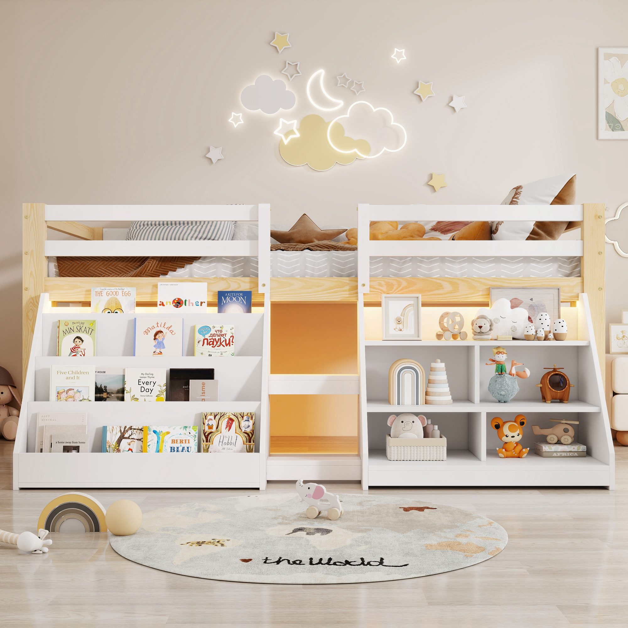 Flieks Hochbett Kinderbett Halbhochbett Holzbett 90x200cm mit 2 Stauraumregal und LED
