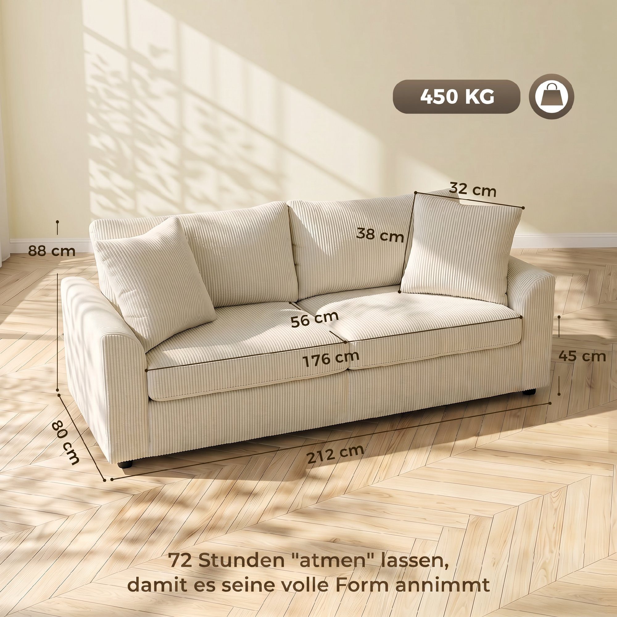 HOMCOM 3-Sitzer Sofa, mit Armlehnen, Zierkissen, Polstersofa mit Cordbezug, Couch 1 Teile, für Wohnzimmer, Schlafzimmer, Cremeweiß