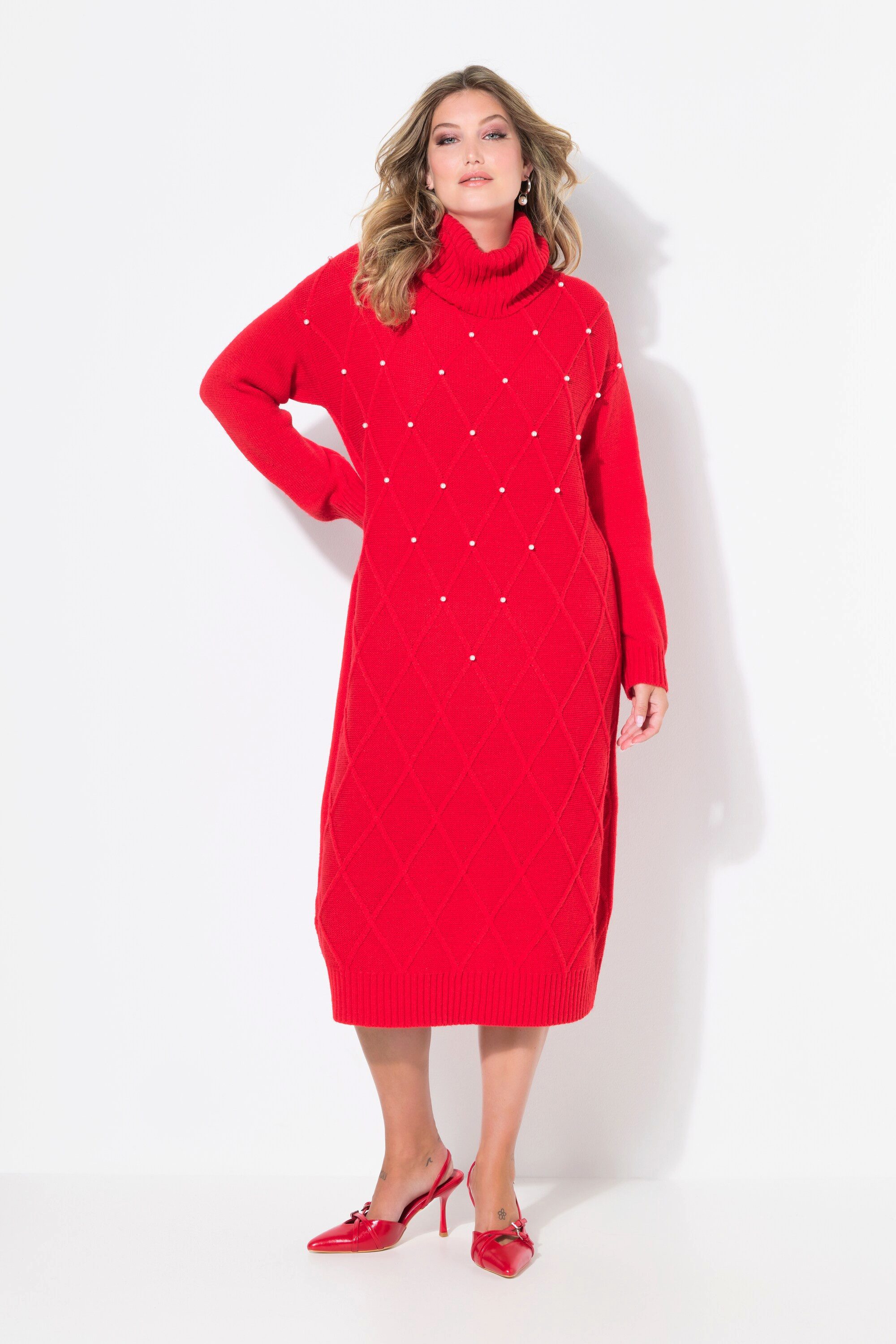 Jerseykleid Strickkleid Rhombenstruktur Zierperlen Langarm
