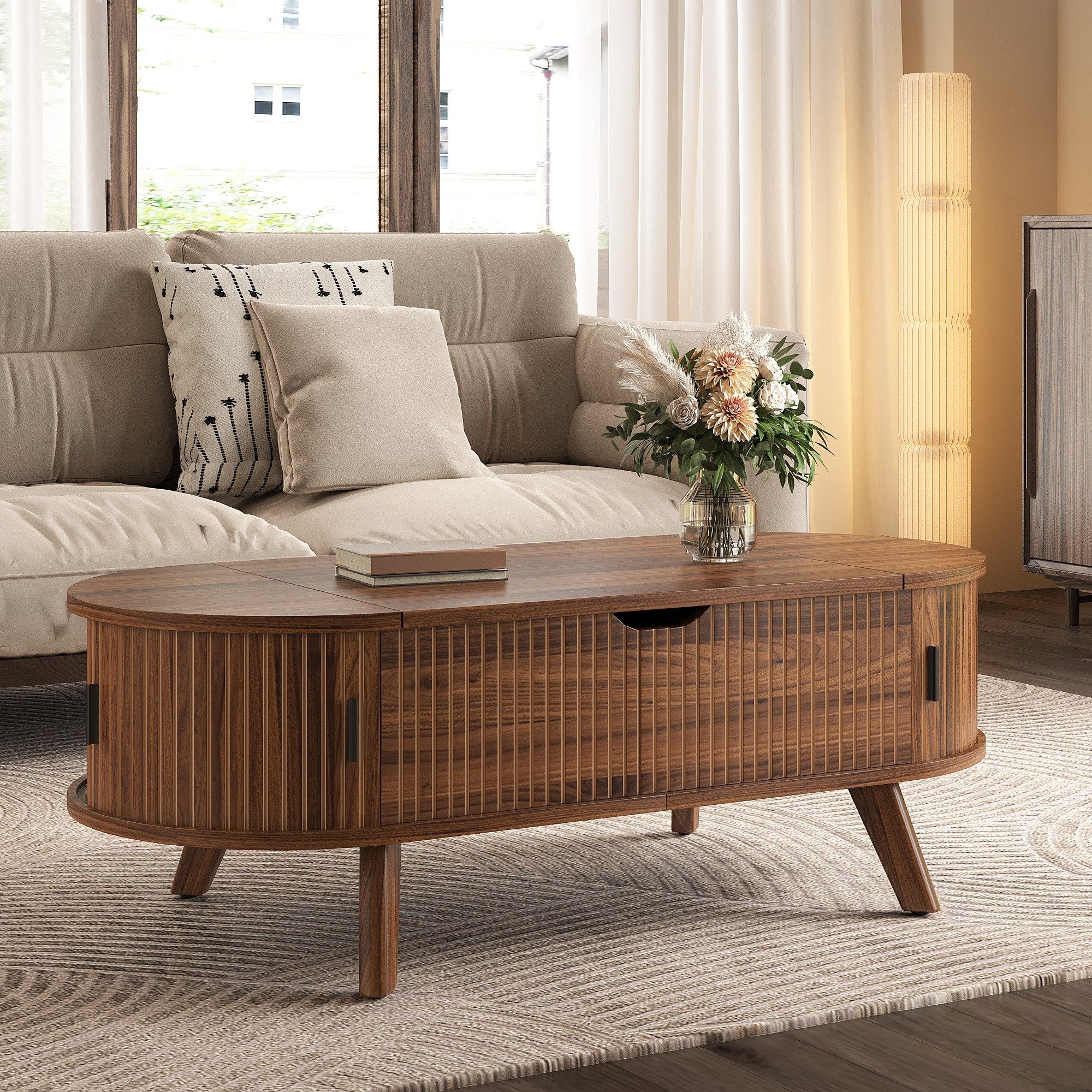 Merax Couchtisch ovaler Wohnzimmertisch Beistelltisch mit höhenverstellbarer Hubplatte (1-St., 110 x 50 x 53,5 cm), Sofatisch mit verstecktem Stauraum, 2 Schieb – Bild 2 von 5