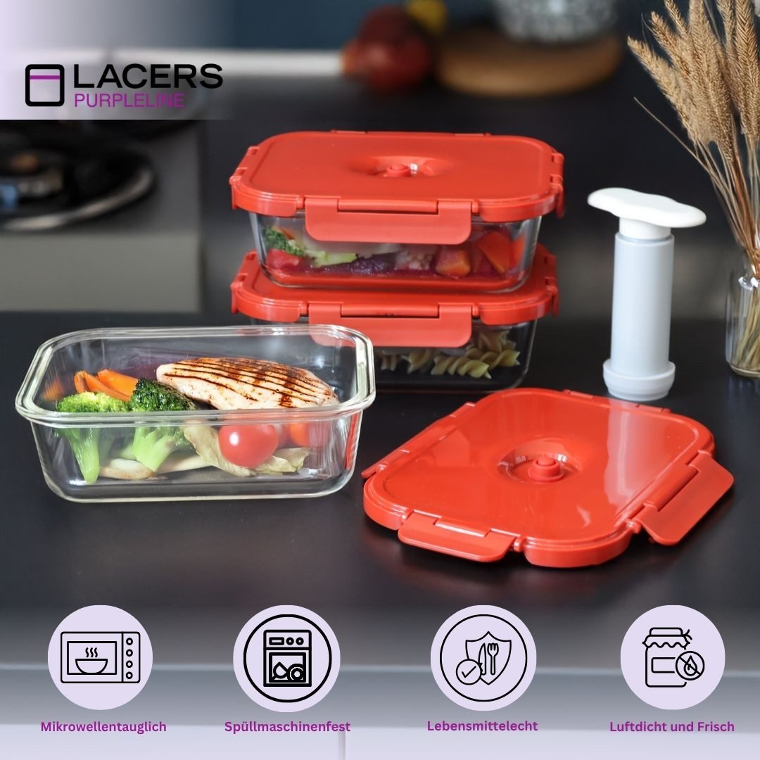 Lacers Vorratsdose Lacers PurpleLine 7-tlg. Vakuum-Dosenset Borosilikatglas inkl. Pumpe, (7-tlg)