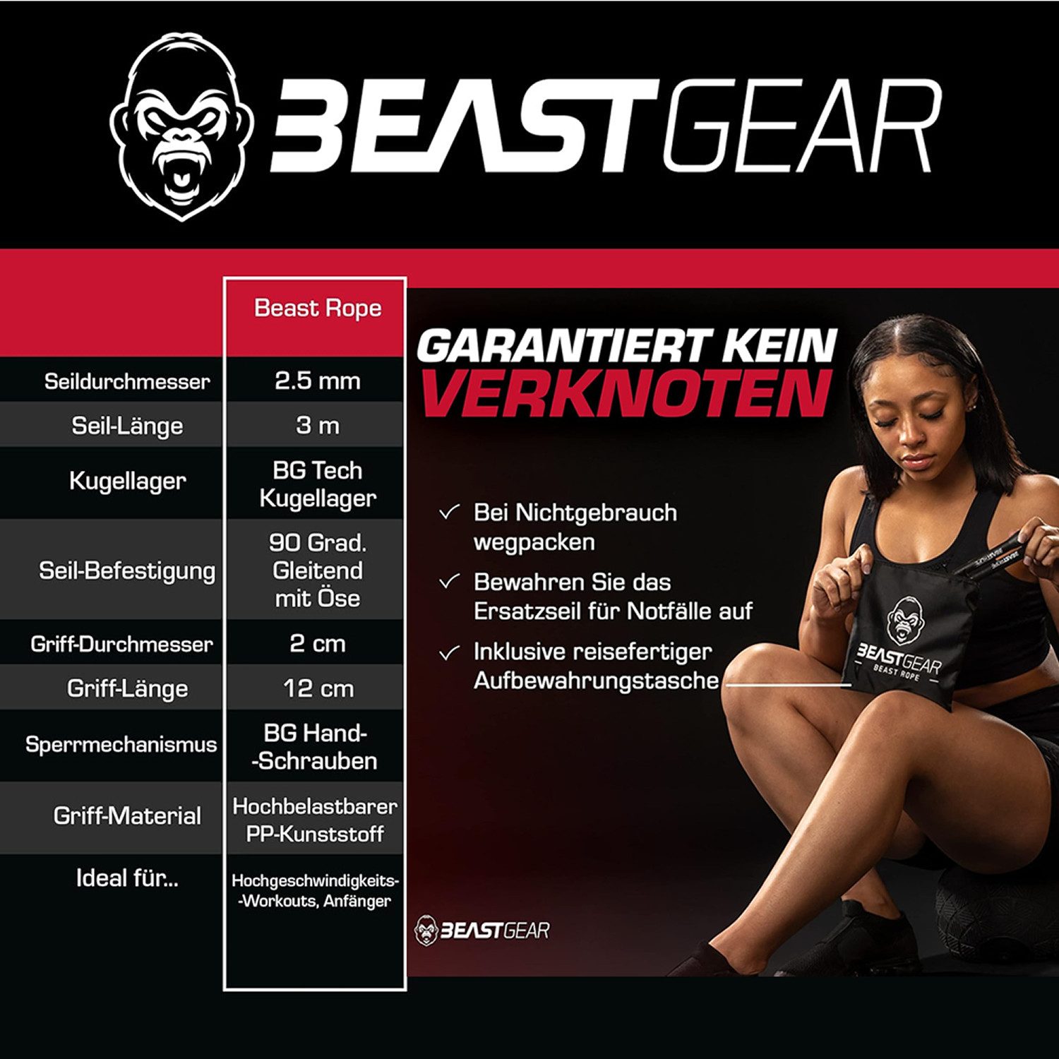 Beast Gear Springseil Sprungseil Fitness Stahlseil 280 cm verstellbar, Kugellager, Boxen, knick und verdrehsicher, Länge individuell einstellbar