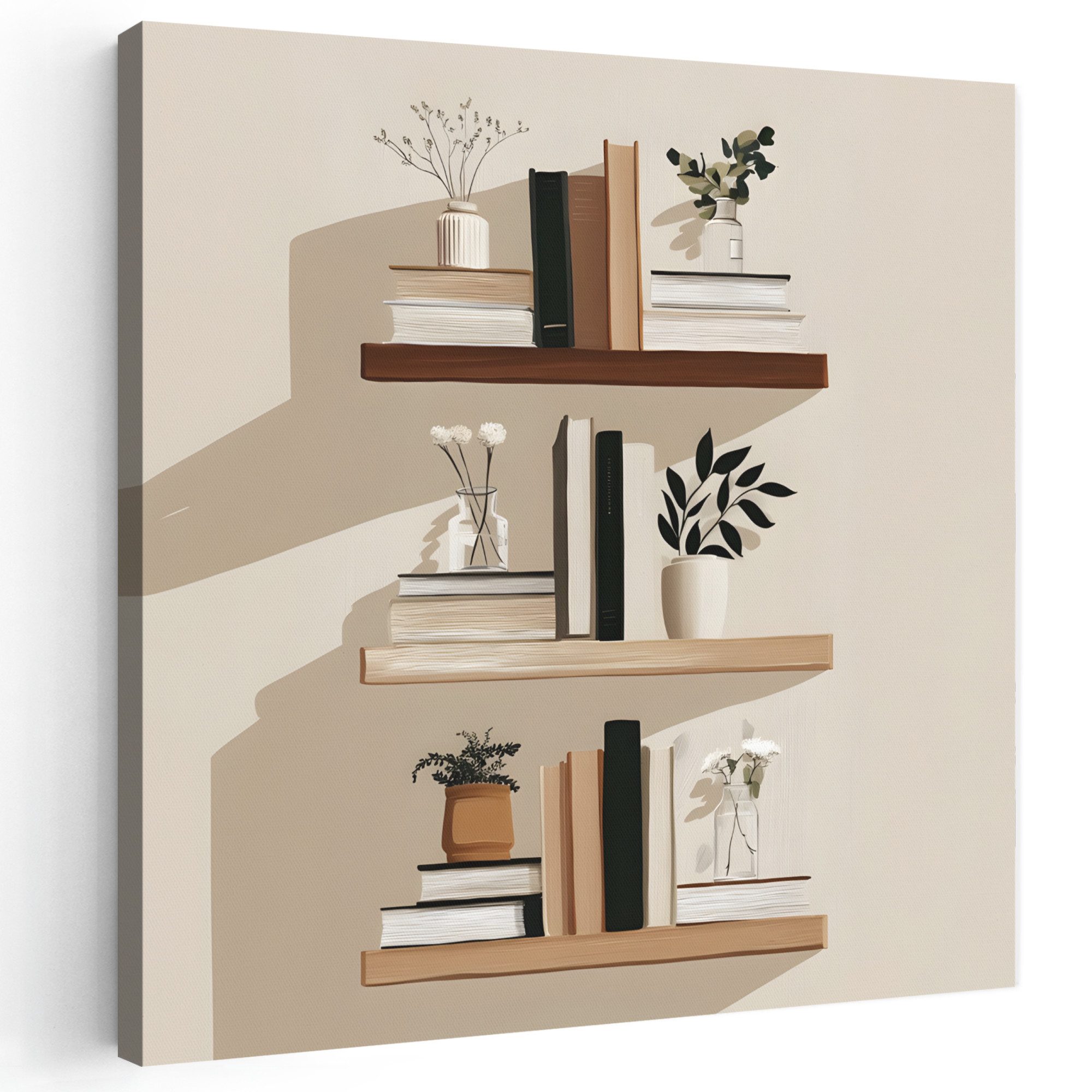 OneMillionCanvasses® Leinwandbild Regale - Bücher - Vasen - Pflanzen, Fotodruck (1 St), Wandbild, Deko Schlafzimmer Wohnzimmer Flur 20x20 cm