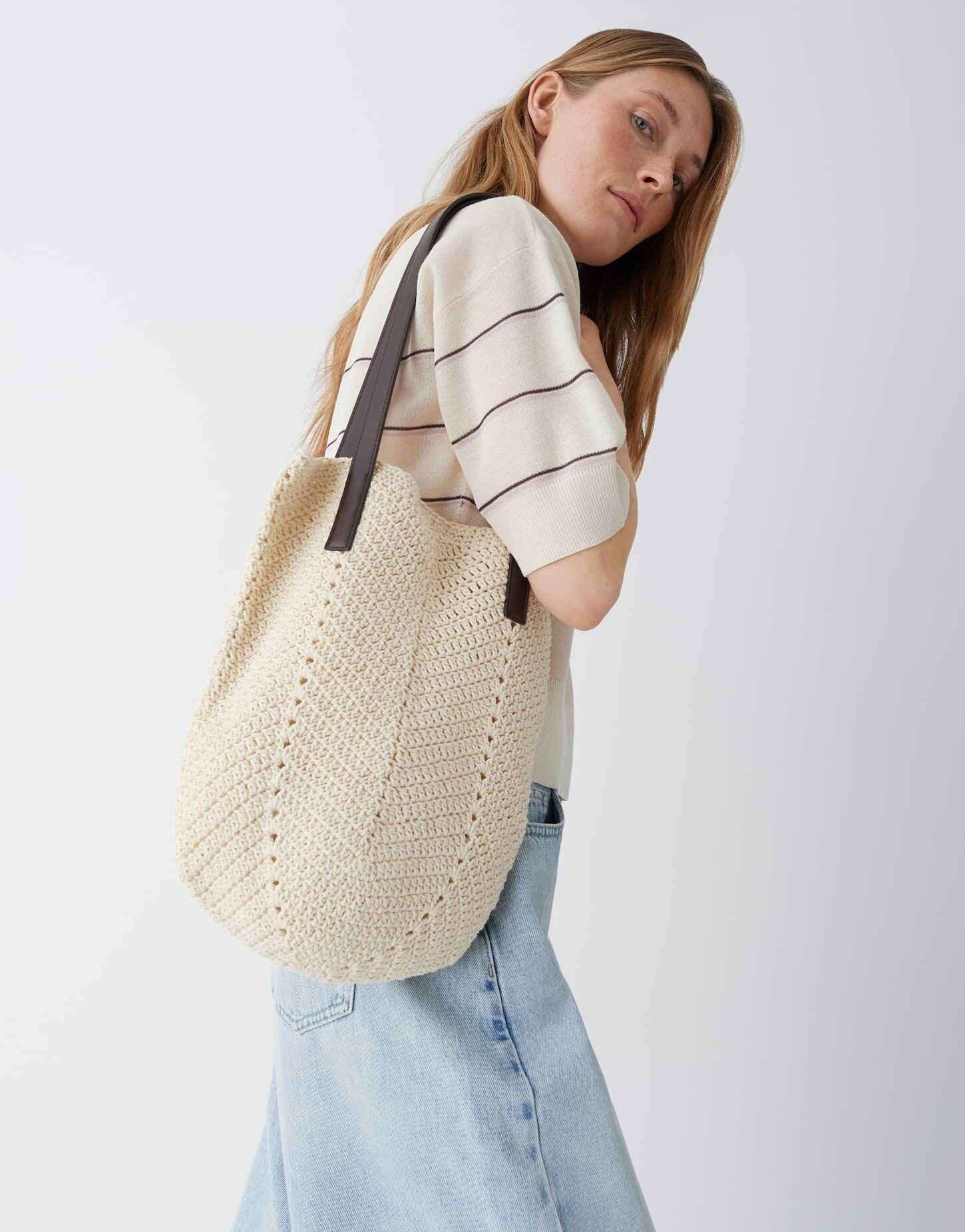 OPUS Shopper Shopper in Häkeloptik aus Baumwolle, Schultergurt, fester Griff, Druckknopf