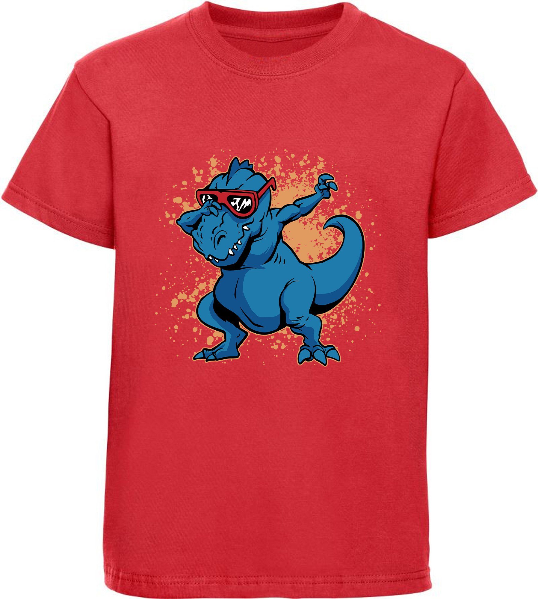 MyDesign24 T-Shirt bedrucktes Kinder T-Shirt T-Rex mit Brille am tanzen 100% Baumwolle mit Dino Aufdruck, rot i49