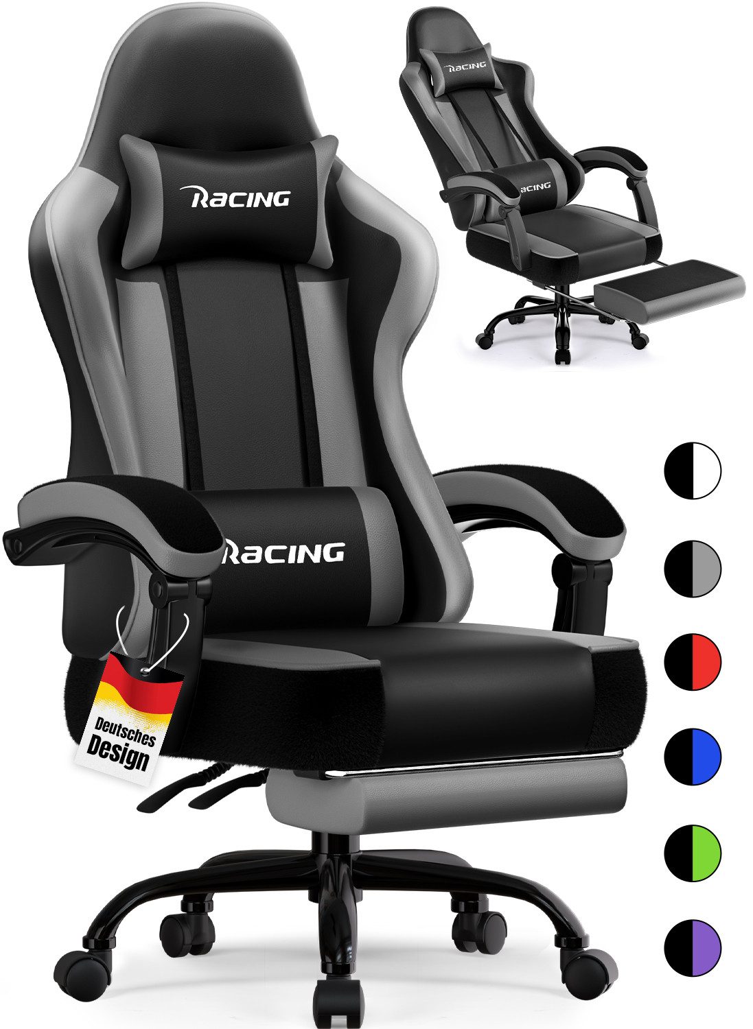 Hiazurm Gaming-Stuhl Gaming Stuhl Chair Gamer Sessel - Ergonomischer Gamer Stuhl (Tragkraft 150 Kg), Gamingstuhl mit Fußstütze Kopfstütze und Lordosenstütz PC Sessel