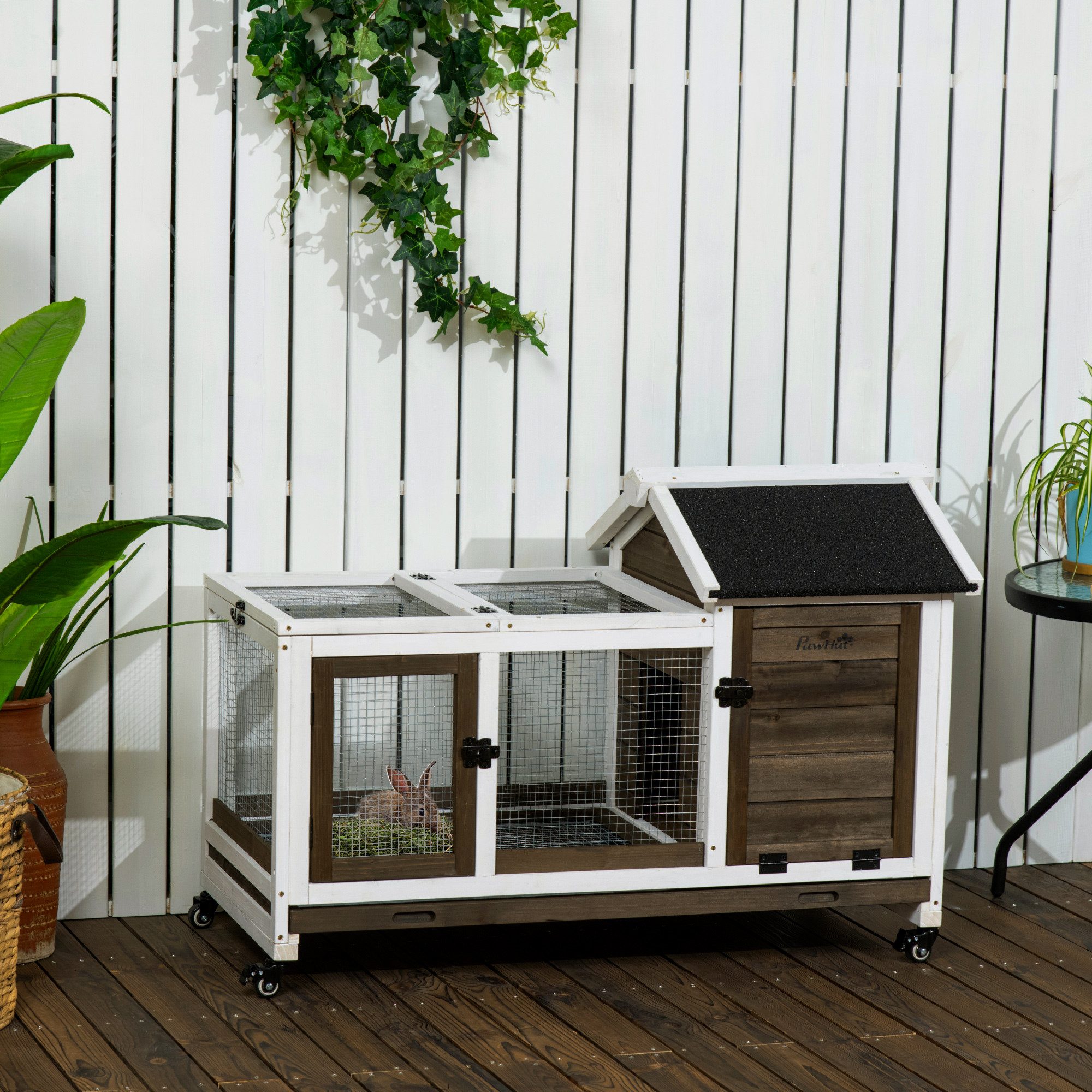 PawHut Kleintierstall Zwergkaninchenstall mit Freilaufgehege, Räder, Zwergkaninchenkäfig, mit Ausziehbarem Tablett für Indoor, Outdoor, Kaffee-Braun