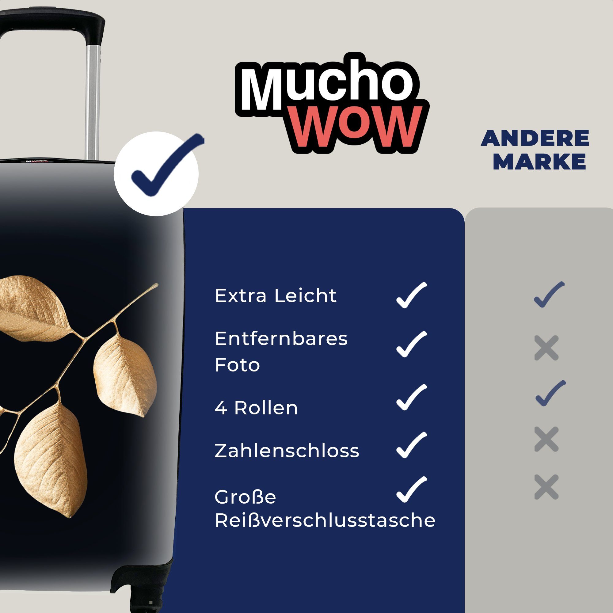 Luxus, Rollen, MuchoWow Reisetasche rollen, Handgepäckkoffer - Zweig Trolley, mit - Blätter Handgepäck für Gold Ferien, Reisekoffer - 4