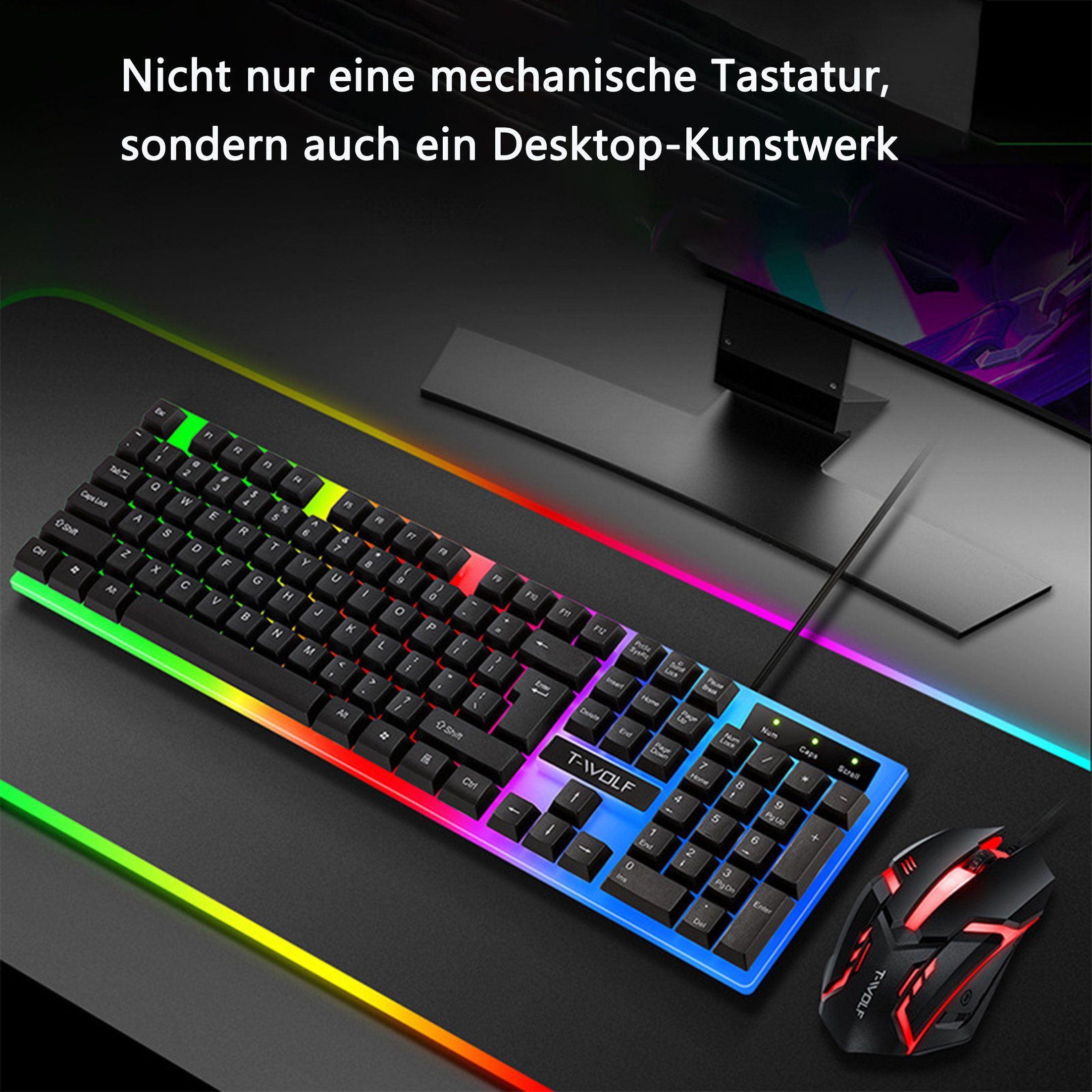 KINSI Kabelgebundene Tastatur und Maus Set mit schwebenden Tasten Tastatur- und Maus-Set, kühler RGB-Hintergrundbeleuchtung