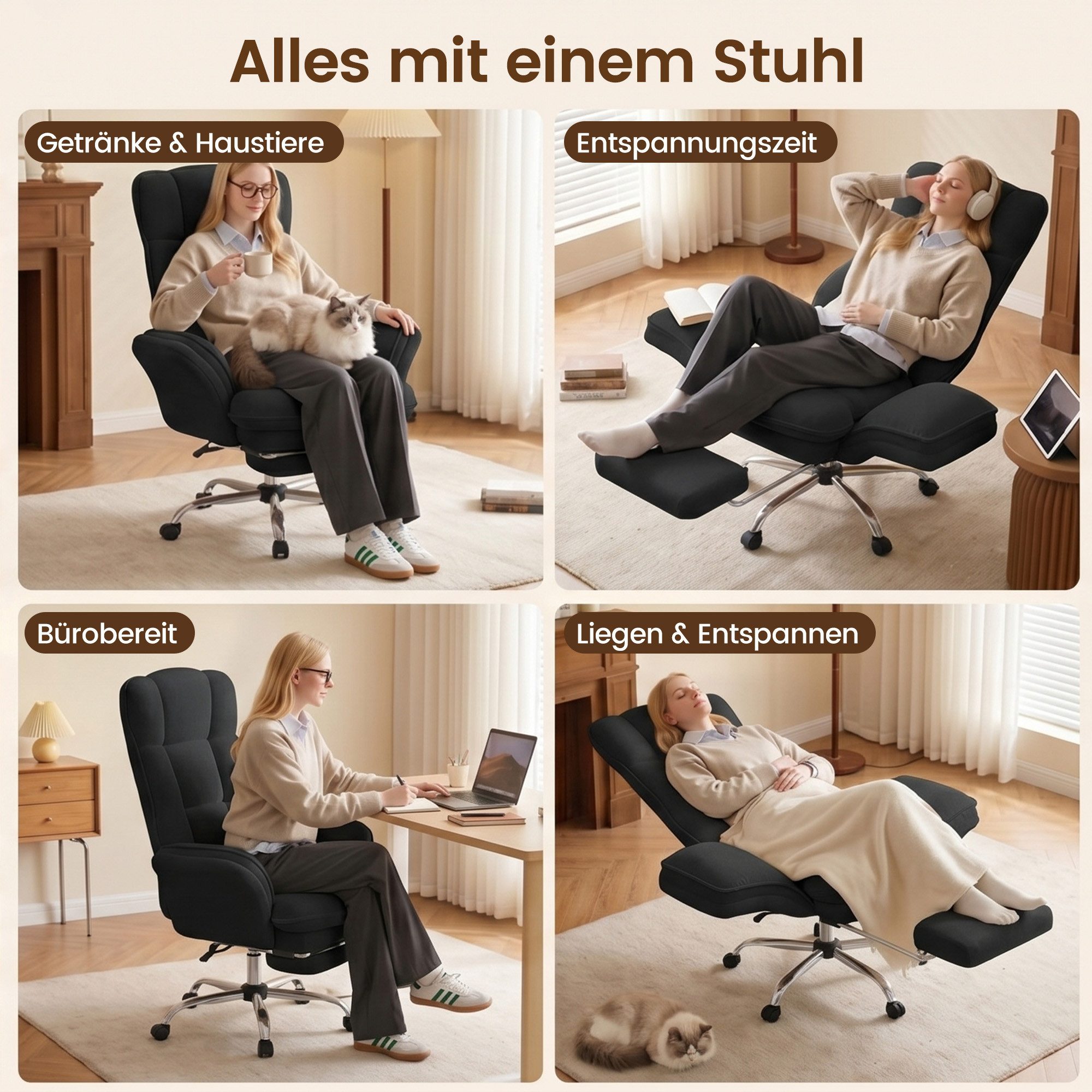 HawthyHome Bürostuhl mit Fußstütze & Klappbaren Armlehnen, 135° Teddy-Fleece, Ergonomischer (1 St), 360° leichtgängige Rollen, mit ausziehbarer Fußstütze für Pausen