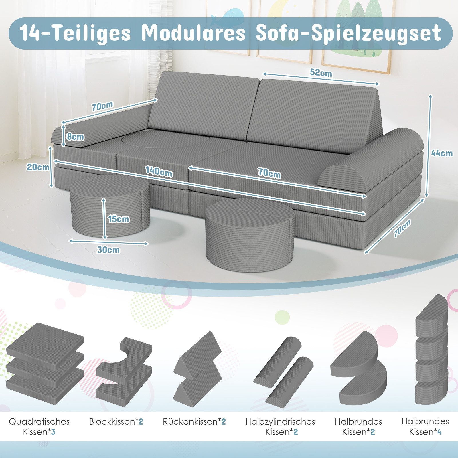 TLGREEN Kindersofa Modulares Kinder Spielsofa 15-teilig, Kreatives Bauset z günstig online kaufen