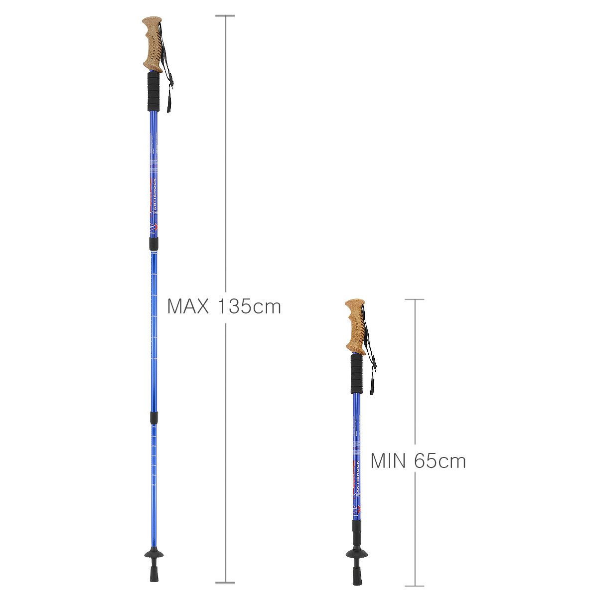 MidGard Nordic-Walking-Stöcke Wanderstоck 65-135cm Teleskop Antischock Stock Korkgriff Dämpfung (1 St), Leicht, mit ergonomischen Korkgriffe