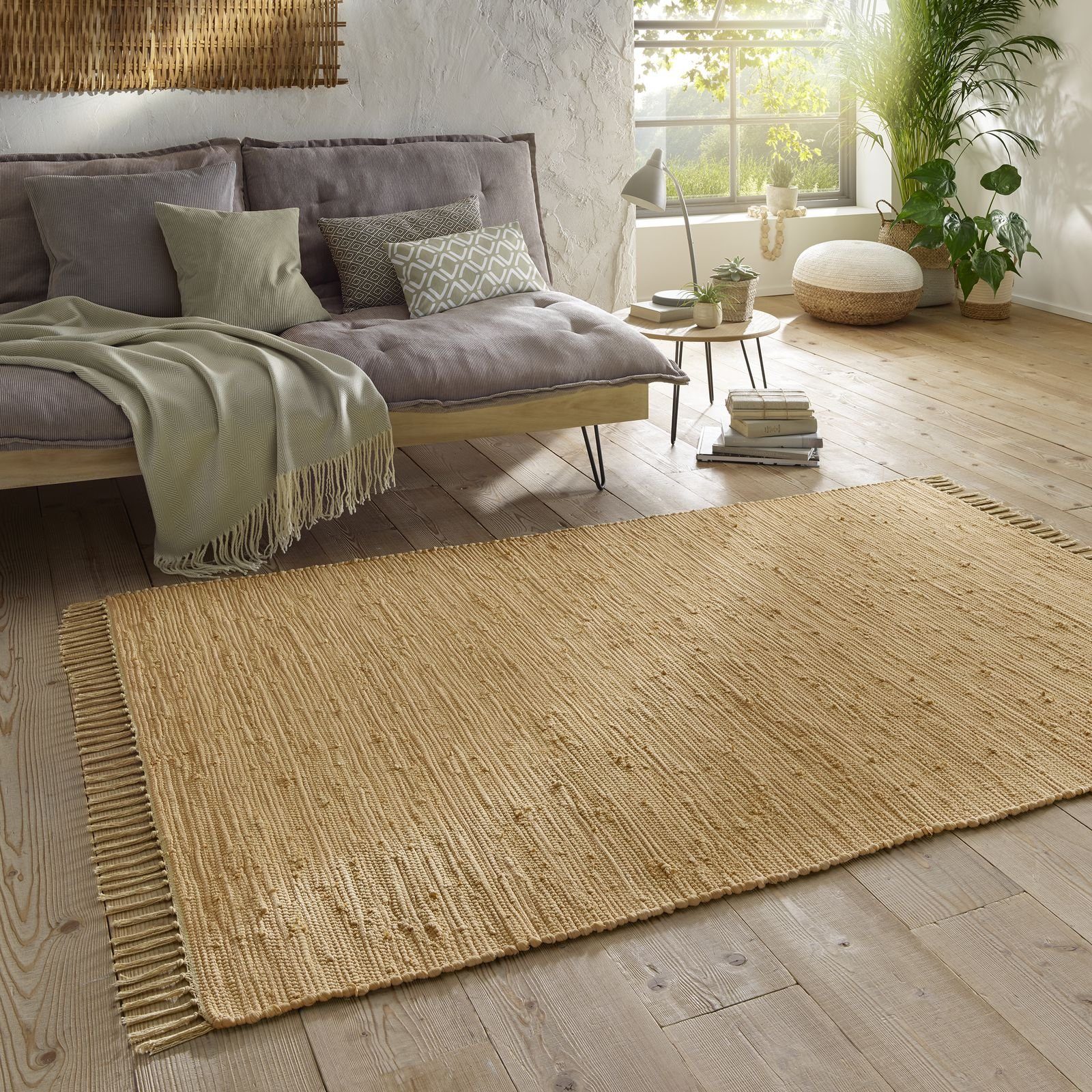 Teppich Flickenteppich TaraCarpet Sylt mit Fransen, TaraCarpet, rechteckig, Höhe: 5 mm, Wohnzimmer Schlafzimmer Küchenteppich nachhaltig beige 160x230
