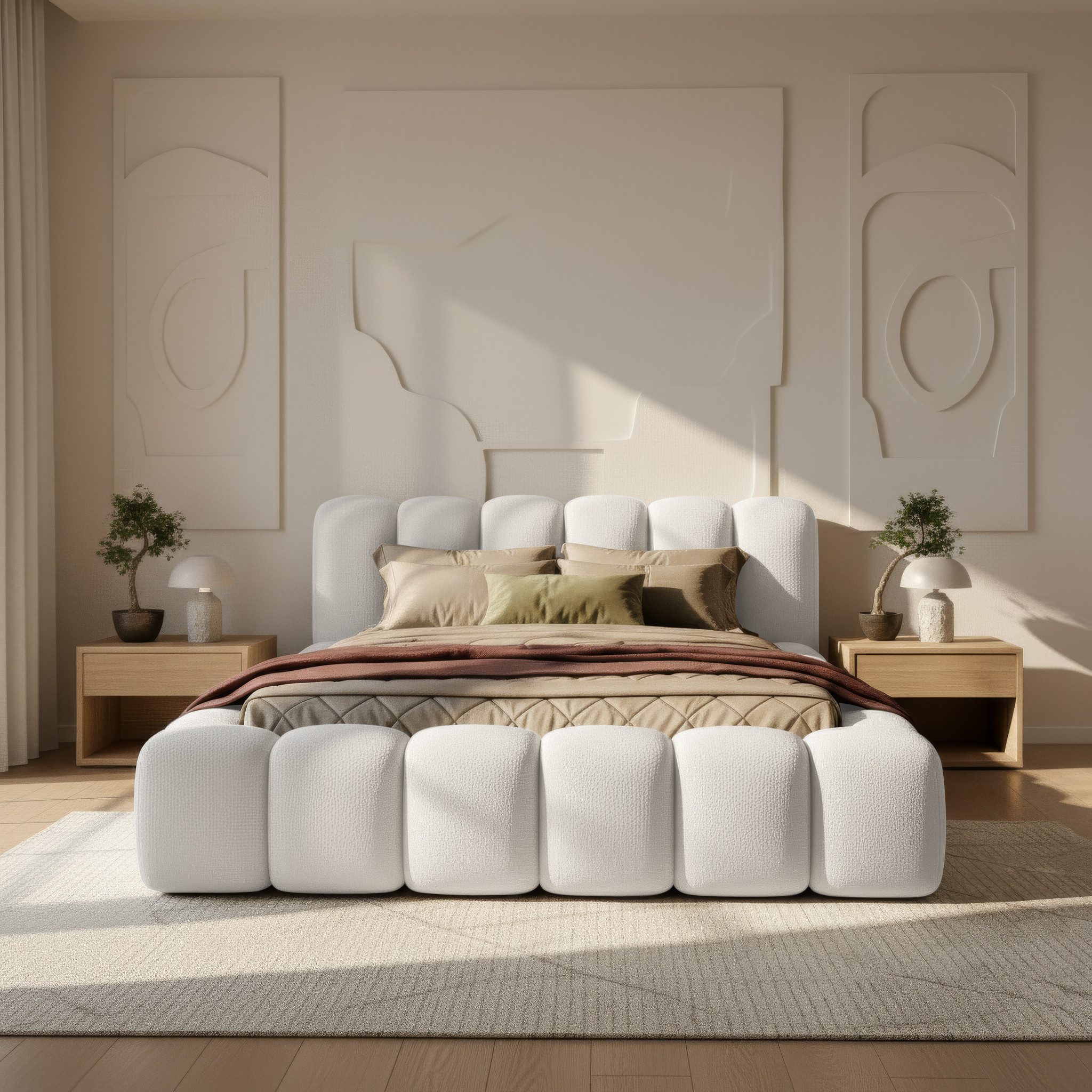thematys Polsterbett mit Bettkasten, CLOUD 140x200 160x200 180x200 200x200cm (Kopfteil im Oversize-Look und Stauraum – weich, modern und pflegeleicht), hochwertiger Bouclé-Stoff in Kreme und Latte, Inklusive Lattenrost: Holzrahmen,hochwertiger Stoff), hochwertiger Bouclé-Stoff in Kreme und Latte