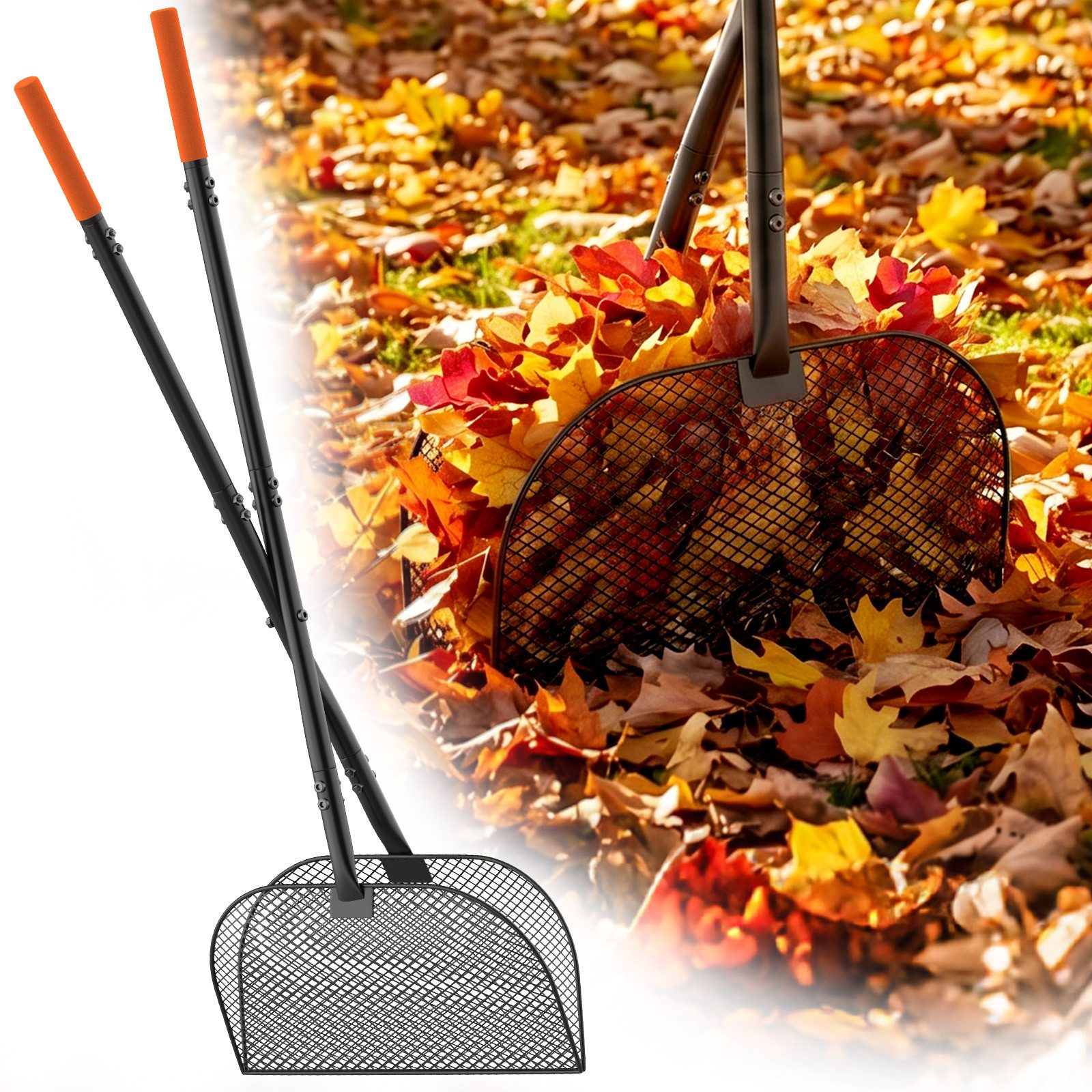 Huracan Laubgreifer Laubrechen mit 4FT Aluminiumstiel, Laubsammler, Gartenrechen mit Holzkopf, Ergonomischer Gartenbesen, 1-St., für Laub, Gras & Gartenreinigung, inkl. Handschuhe & Zubehör