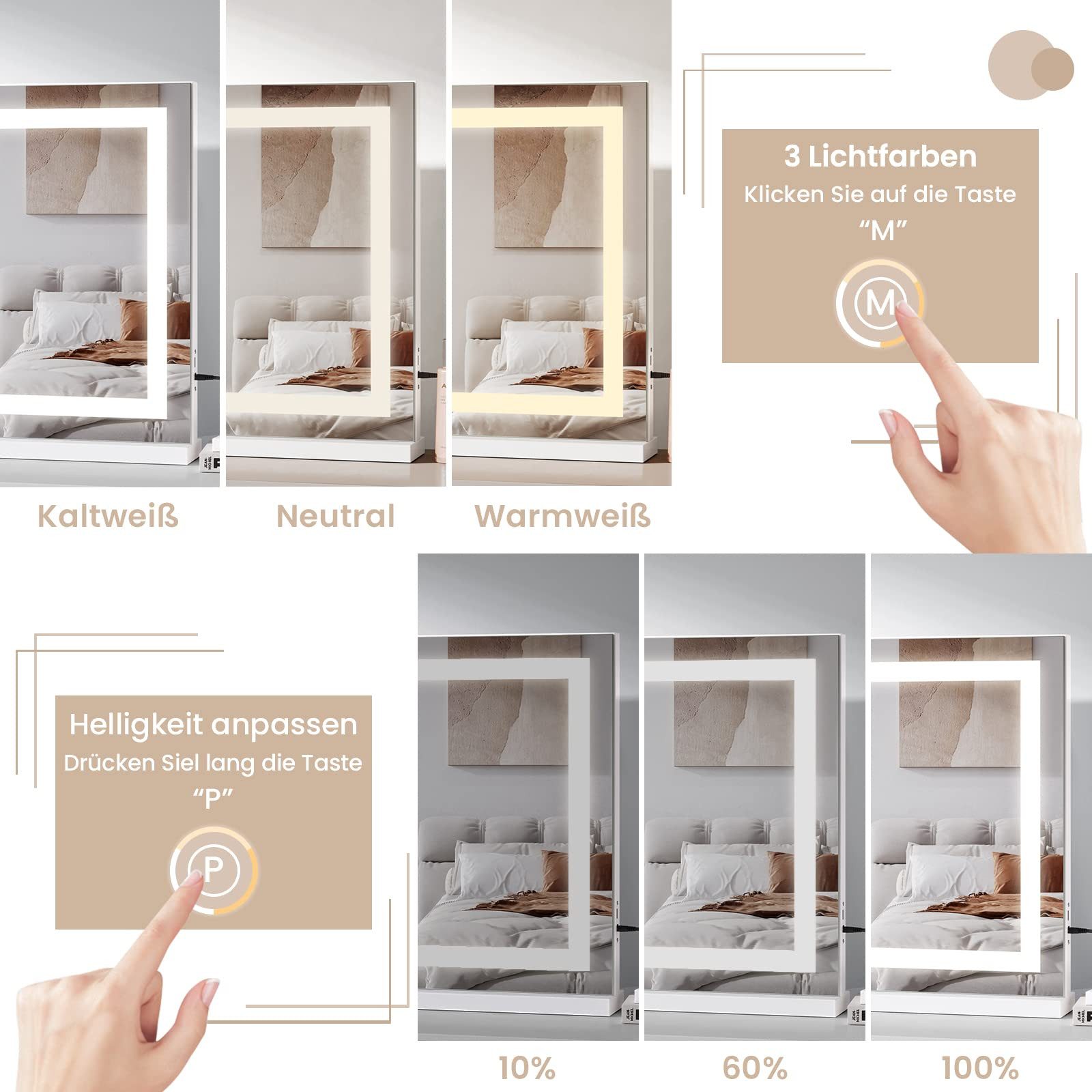 Dripex Schminkspiegel Hollywood Make-up Spiegel mit 3 Farblichtmodi USB Anschluss