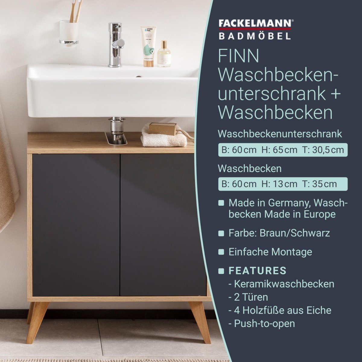 FACKELMANN Badmöbel-Set Finn Set 3-teilig 60 cm breit, mit Füßen, hell braun/anthrazit