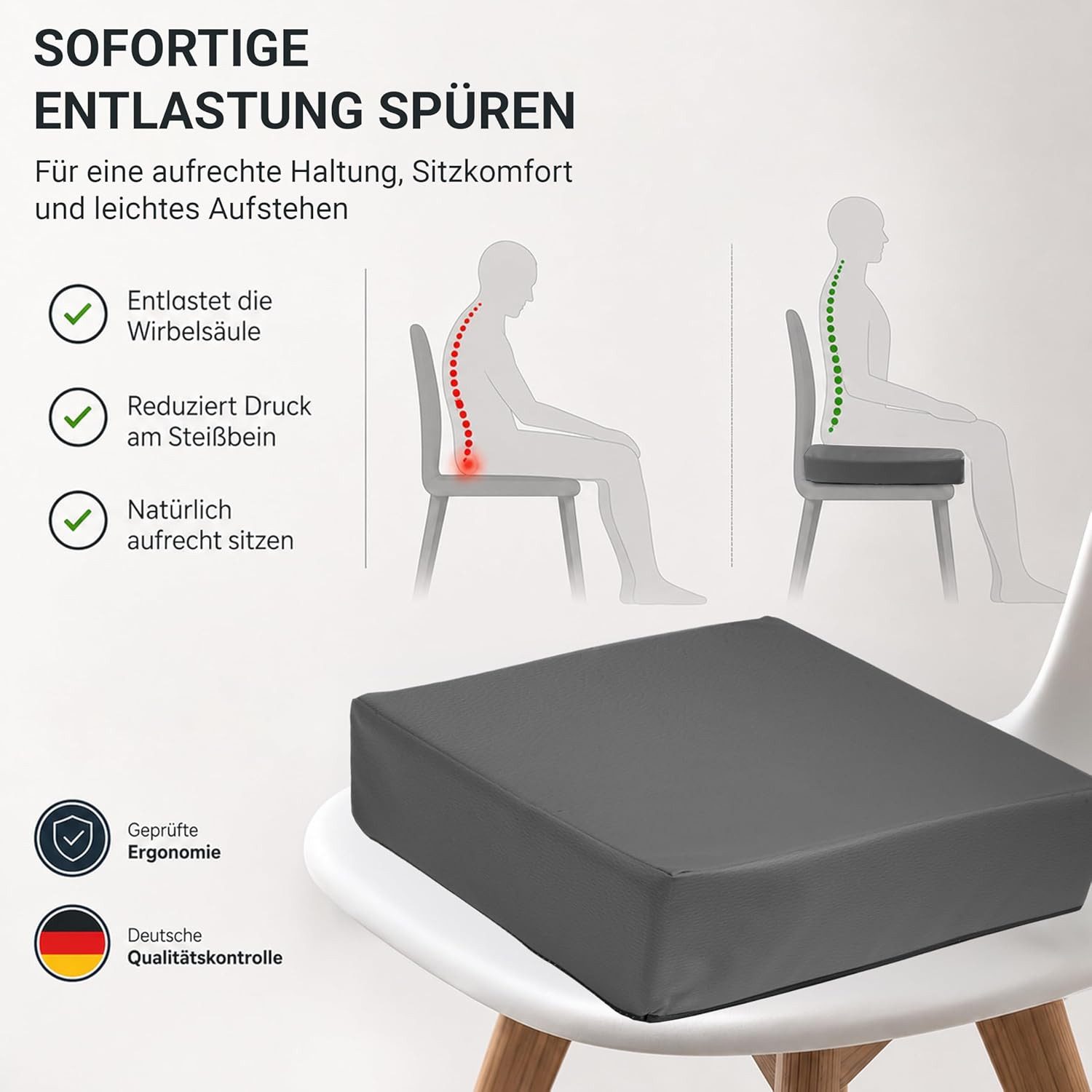 Stoffschmiede Sitzkissen Orthopädisch aus Kunstleder - 40x40x10cm, Ergonomisches Sitzkissen Stuhl als Sitzerhöhung und Aufstehhilfe – Bild 2 von 5