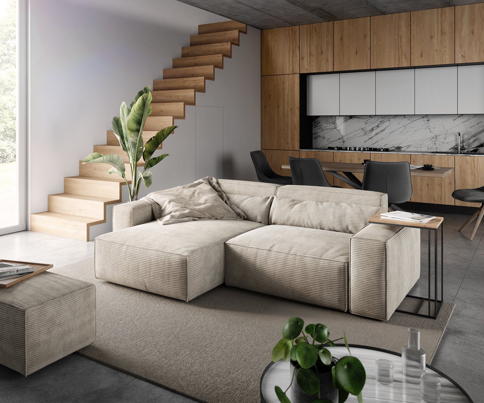DELIFE Ecksofa Sirpio, Cord Beige 230x155 cm Recamiere variabel mit Hocker
