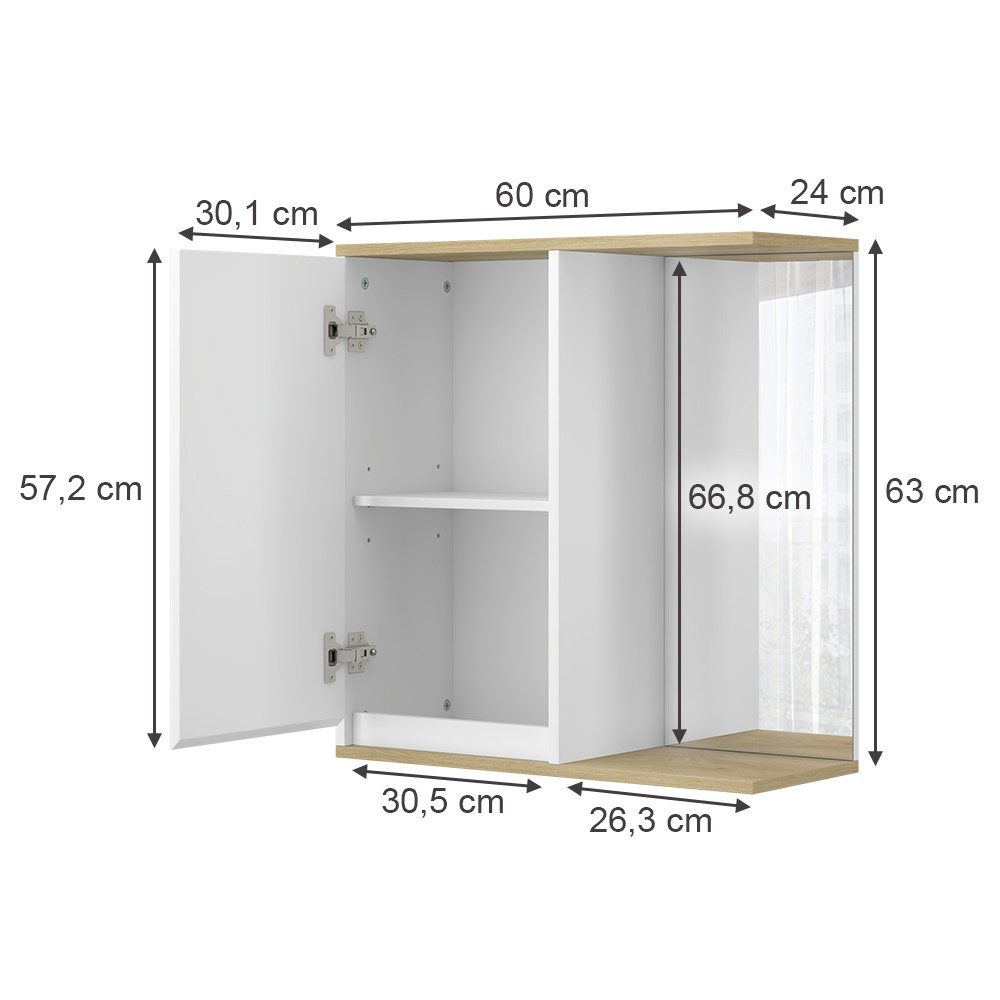 Vicco Badezimmerspiegelschrank Livia, Weiß/Holz, 60 x 63 cm mit Spiegel (1-St)
