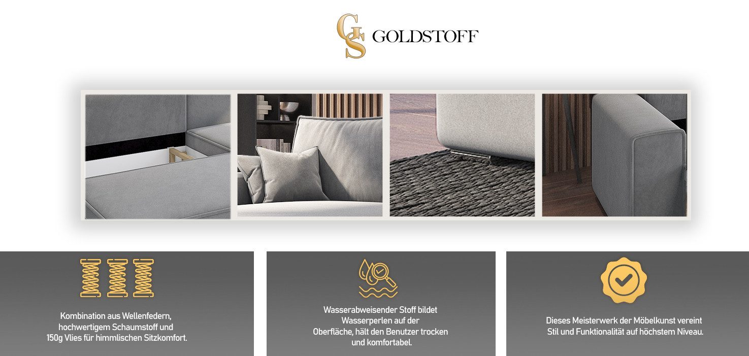 Goldstoff Ecksofa Oslo mit Schlaffunktion, L-Form mit Bettkasten und Federkern, Eckcouch, Chrombeine,Schlaffunktion,Federkern