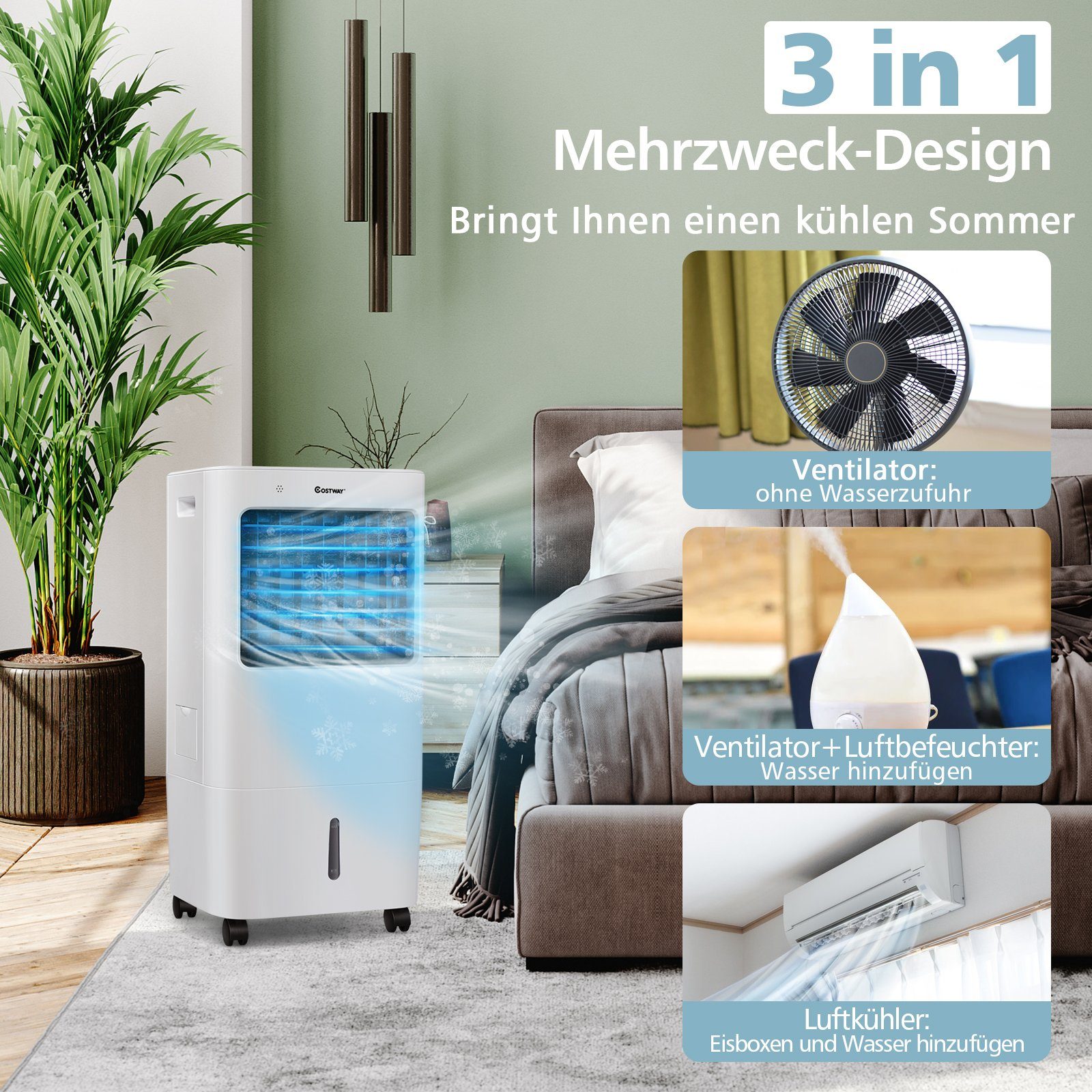 COSTWAY Bodenventilator, 20L Tank, 4 Wind/3 Modi/7,5H Timer, Fernbedienung