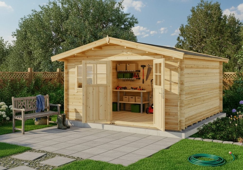 Alpholz Gartenhaus Holz Set - Valeria Imprägniert Inkl. Boden & Dacheind., BxT: 438x427 cm, (Set), in Imprägniert (Pinie) Inkl. Fußboden & Dacheindeckung