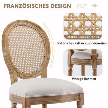 Flieks Esszimmerstuhl (2 St), 2er Set Leinen Polsterstuhl mit Rattan-Rückenlehne