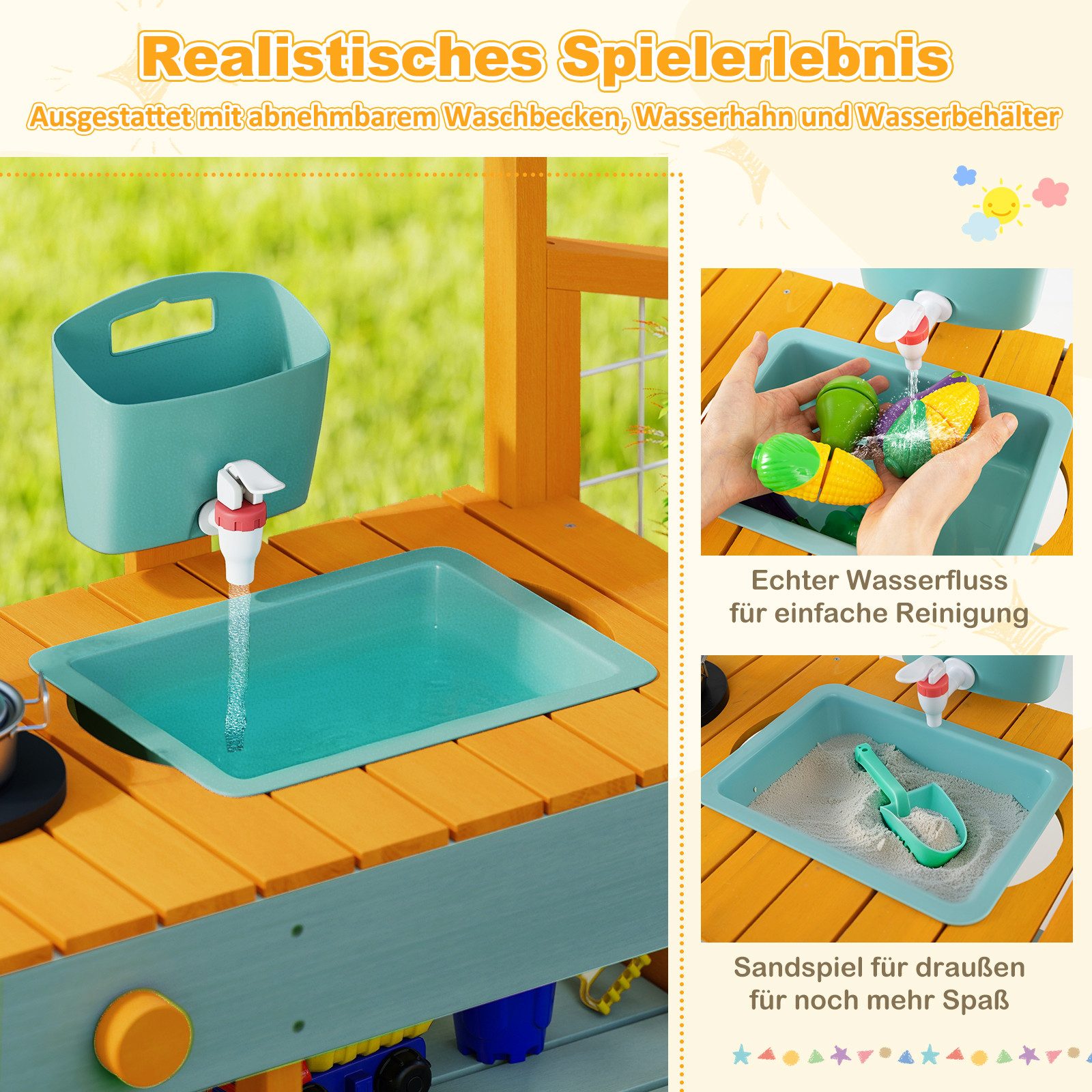 COSTWAY Outdoor-Spielküche Holz, Kinderküche mit Pflanzkasten & Rankgitter, ab 3 Jahren