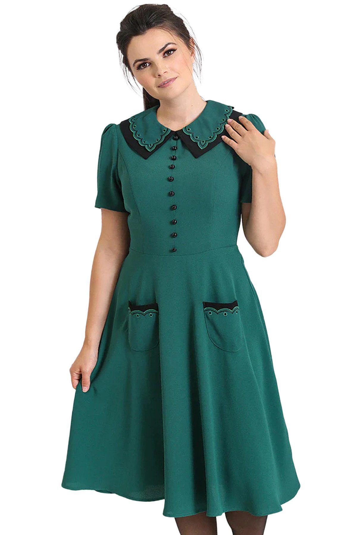 Hell Bunny A-Linien-Kleid Emily Dress Grün Retro Bubikragen 50s
