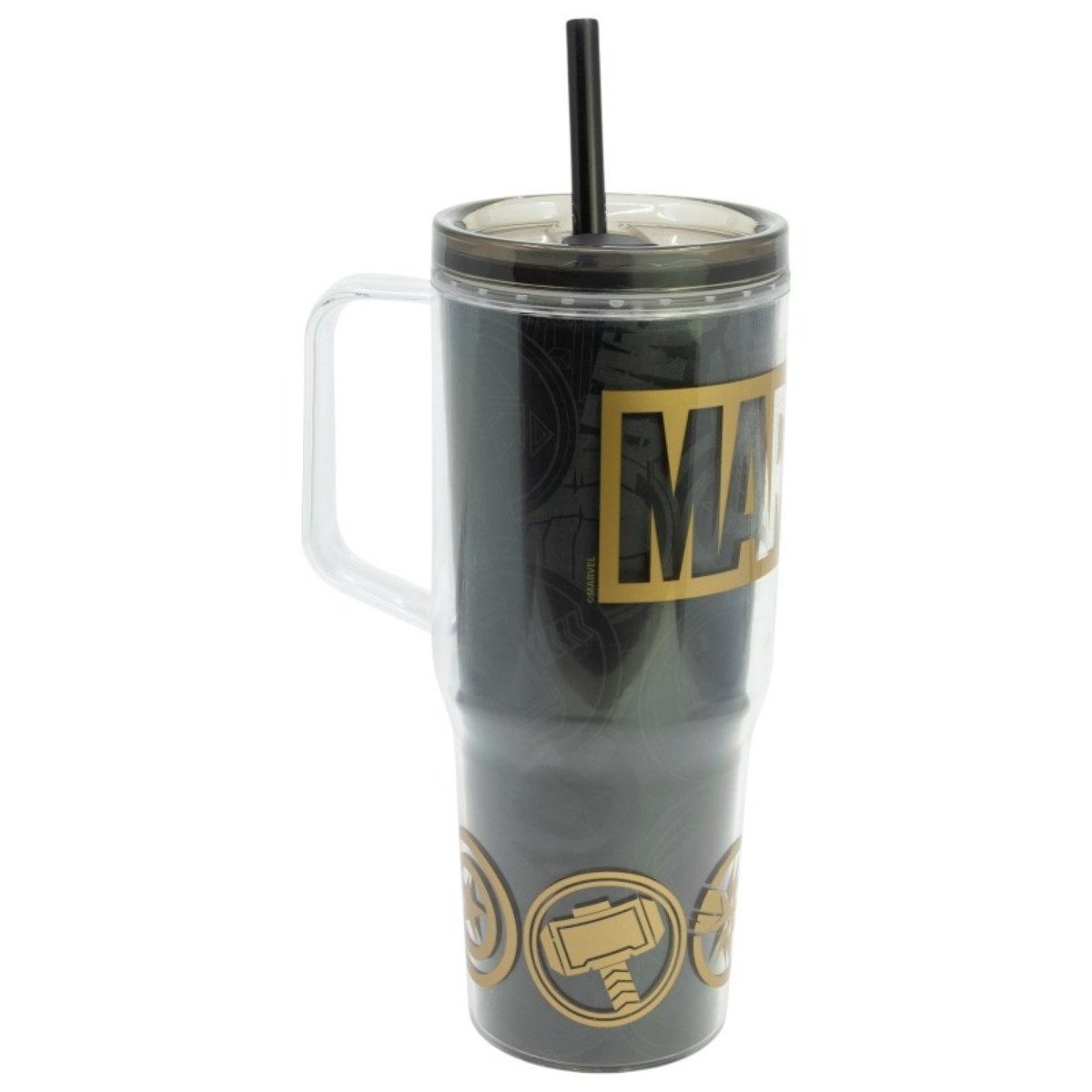 MARVEL Trinkflasche Trinkbecher mit Strohhalm und Henkel Doppelwandig 860 ml, Auslaufsicher