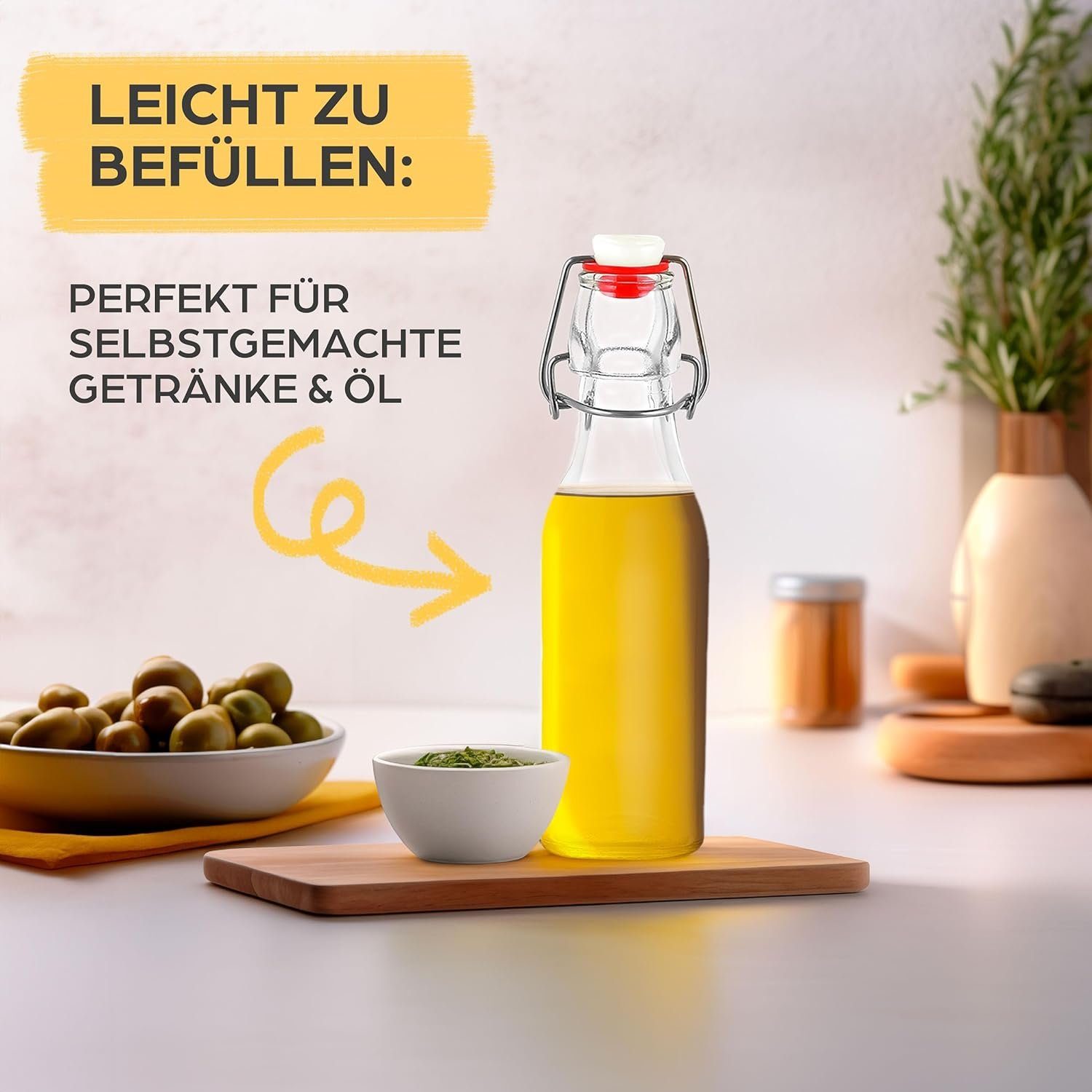 Praknu Trinkflasche 10er Set Glasflaschen 250ml Bügelverschluss Eckig - Bügelflaschen, Bügelverschluss Eckig - 10 Etiketten mit Stift und 10 Extra Dichtungen