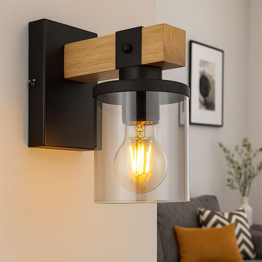 GLOBO LIGHTING LED Wandleuchte, Leuchtmittel inklusive, Warmweiß, LED Wandleuchte Wandlampe Wohnzimmerlampe Retro Holz Rauchglas