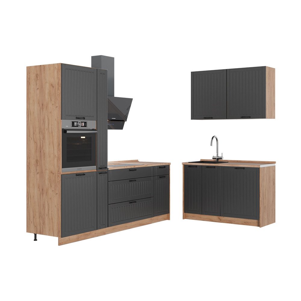 Vicco Winkelküche Fame-Line, Dunkelgrau/Goldkraft Eiche, 220 x 120 cm, AP Eiche