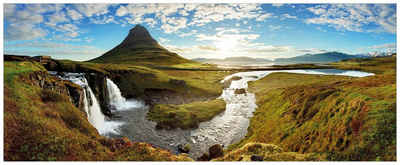 Wallario Glasbild, Island Panorama Fluss Berge und blauer Himmel, in verschiedenen Ausführungen