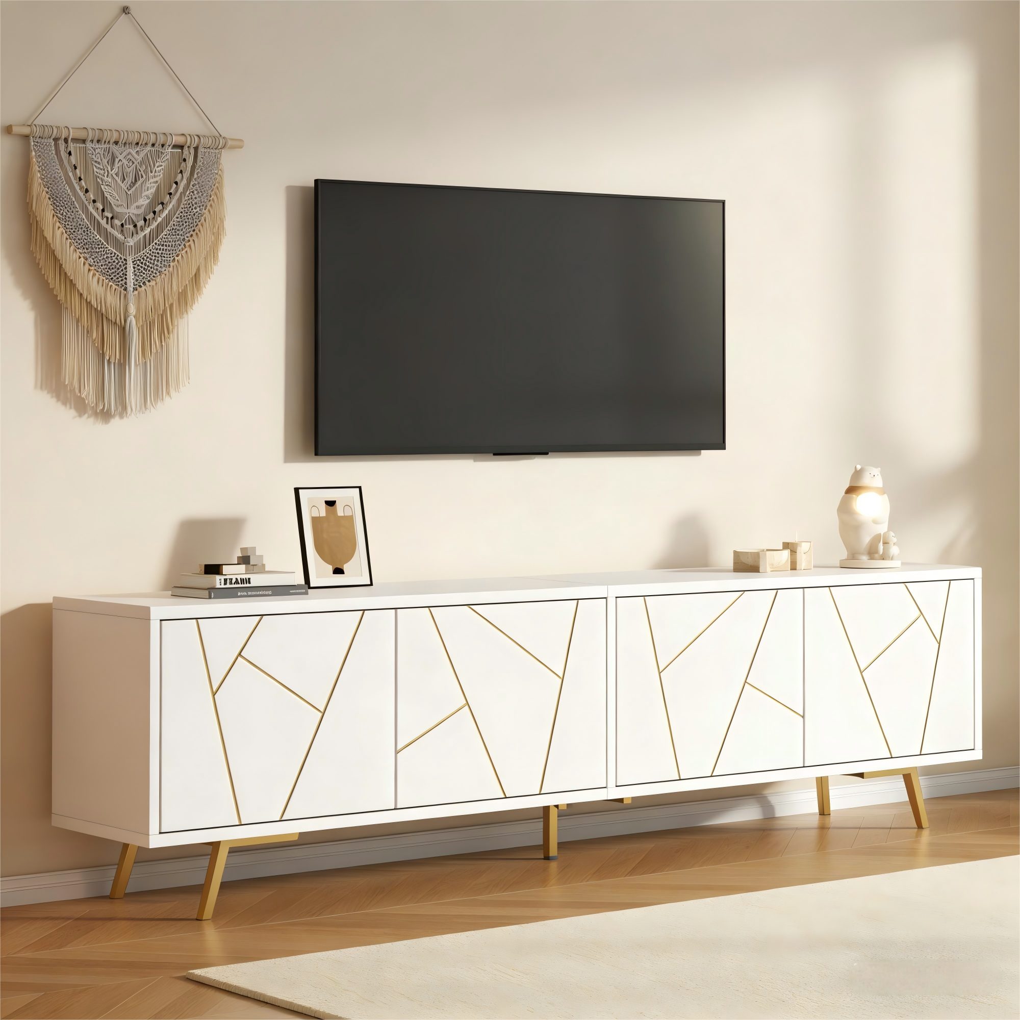 Merax Lowboard mit goldenen Akzenten (1 St), TV-Schrank mit 4 Türen, viel Stauraum & Metallbeinen, 190x40x51,5cm