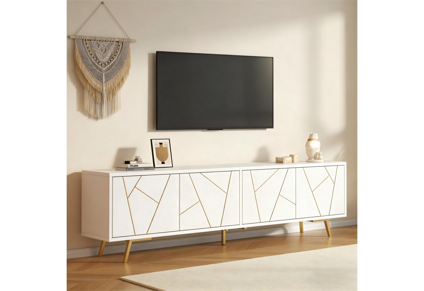 Merax Lowboard mit goldenen Akzenten (1 St), TV-Schrank mit 4 Türen, viel Stauraum & Metallbeinen, 190x40x51,5cm