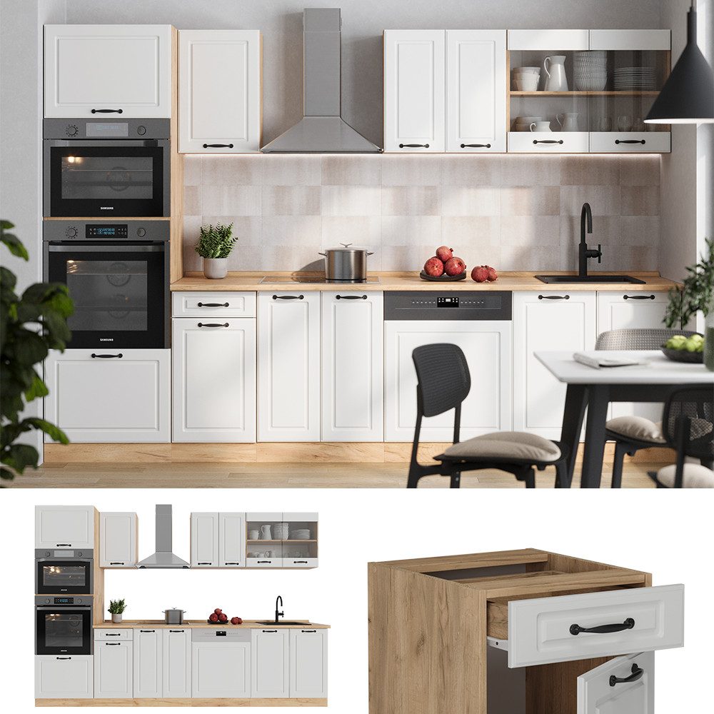 Vicco Küchenzeile R-Line, Weiß Landhaus/Goldkraft Eiche, 300 cm mit Hochschrank, ohn...