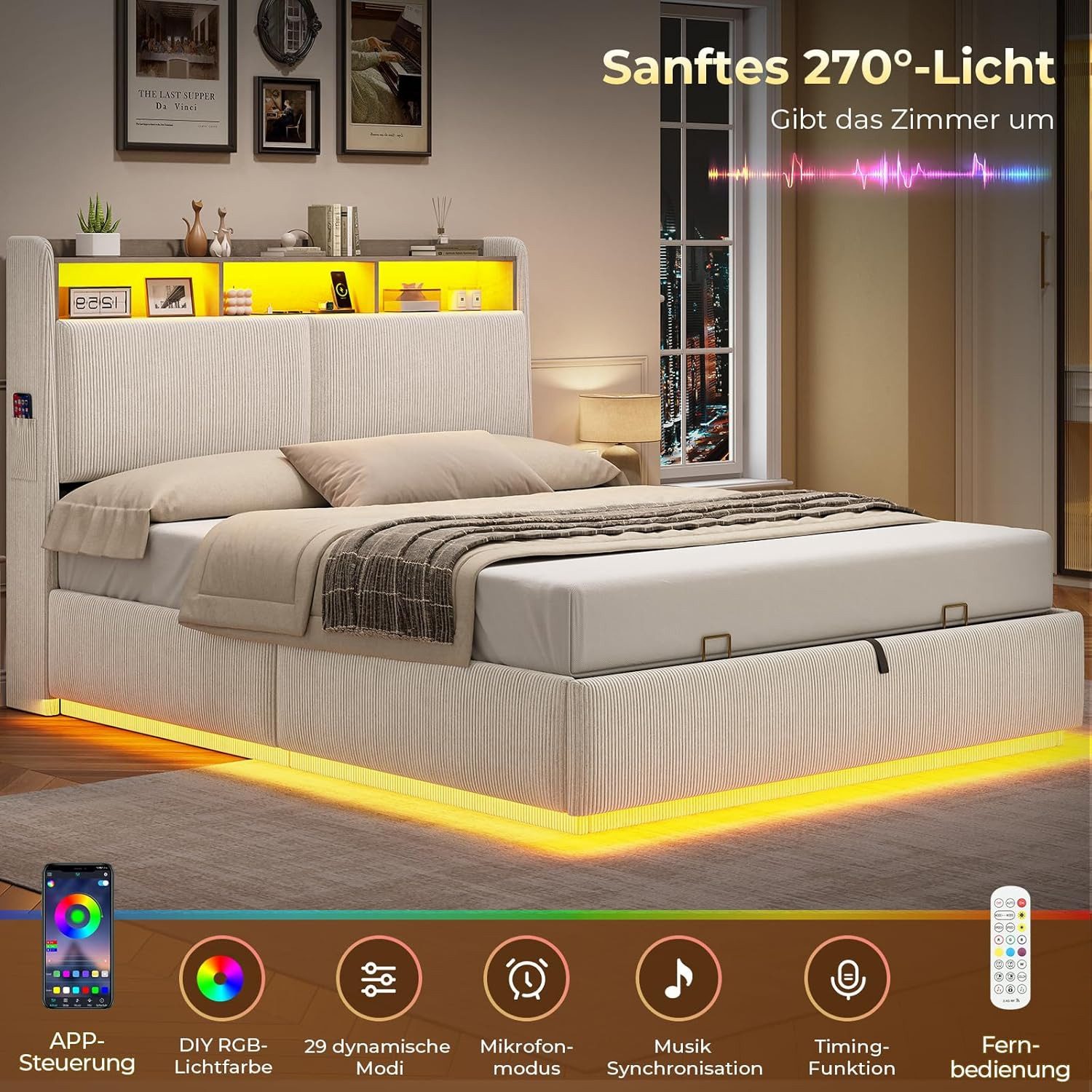 MSMASK Polsterbett Hydraulisches Stauraumbett mit LED Beleuchtung und Steckdosen (1-tlg., Ohne Matratze), Jugendbett mit Stauraum Kopfteil, 140x200cm – Bild 5 von 5