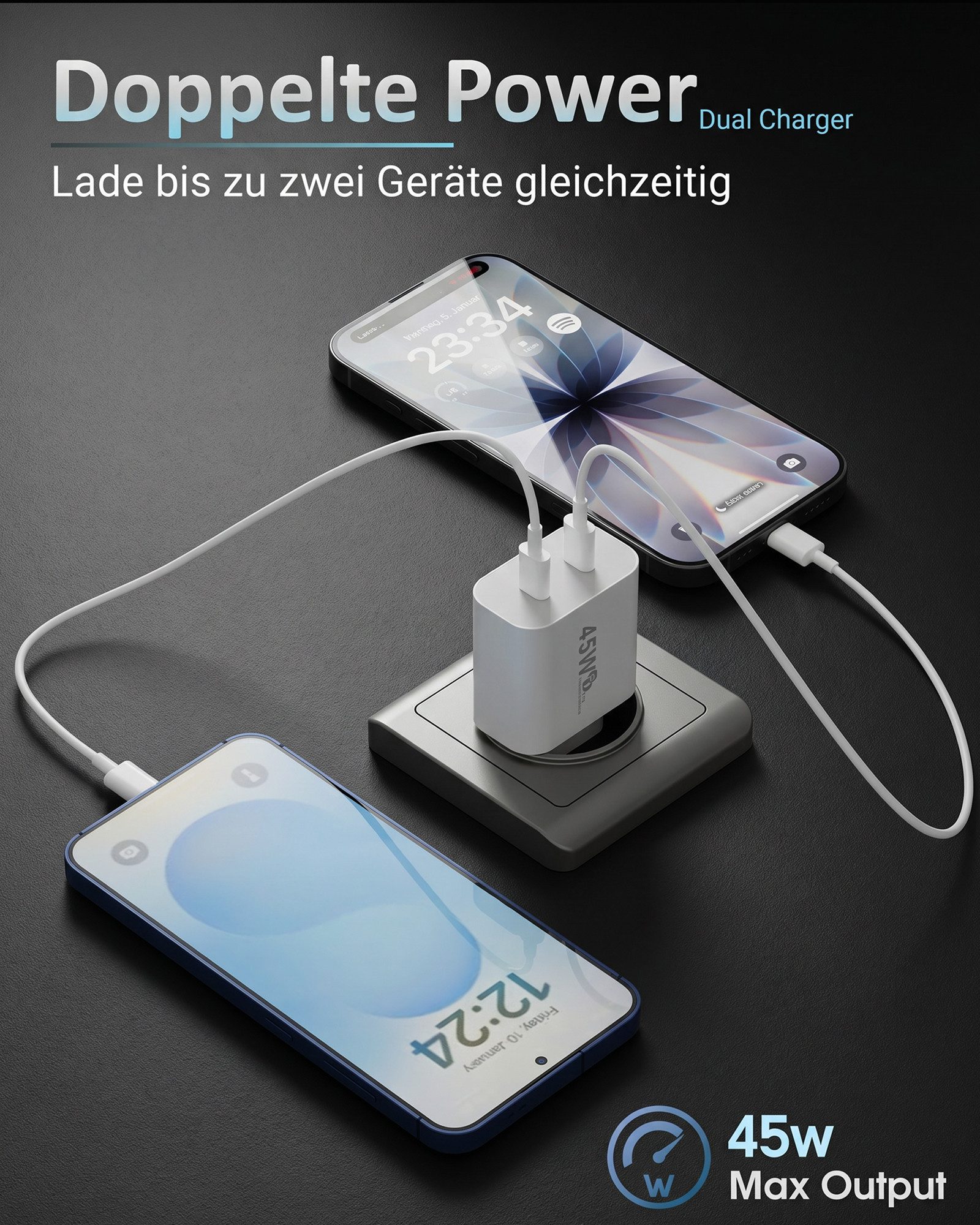 GreenHec 45w USB C Schnellladegerät für Samsung Galaxy S26 S25 S24 S23 S22 Fast Schnelllade-Gerät (50 mA, Spar-Set, 45w USB-C Dual Charger + USB-C Kabel, S26+ Ultra Schnellladekabel Ladegerät Handy Charger Netzteil Dual Port)